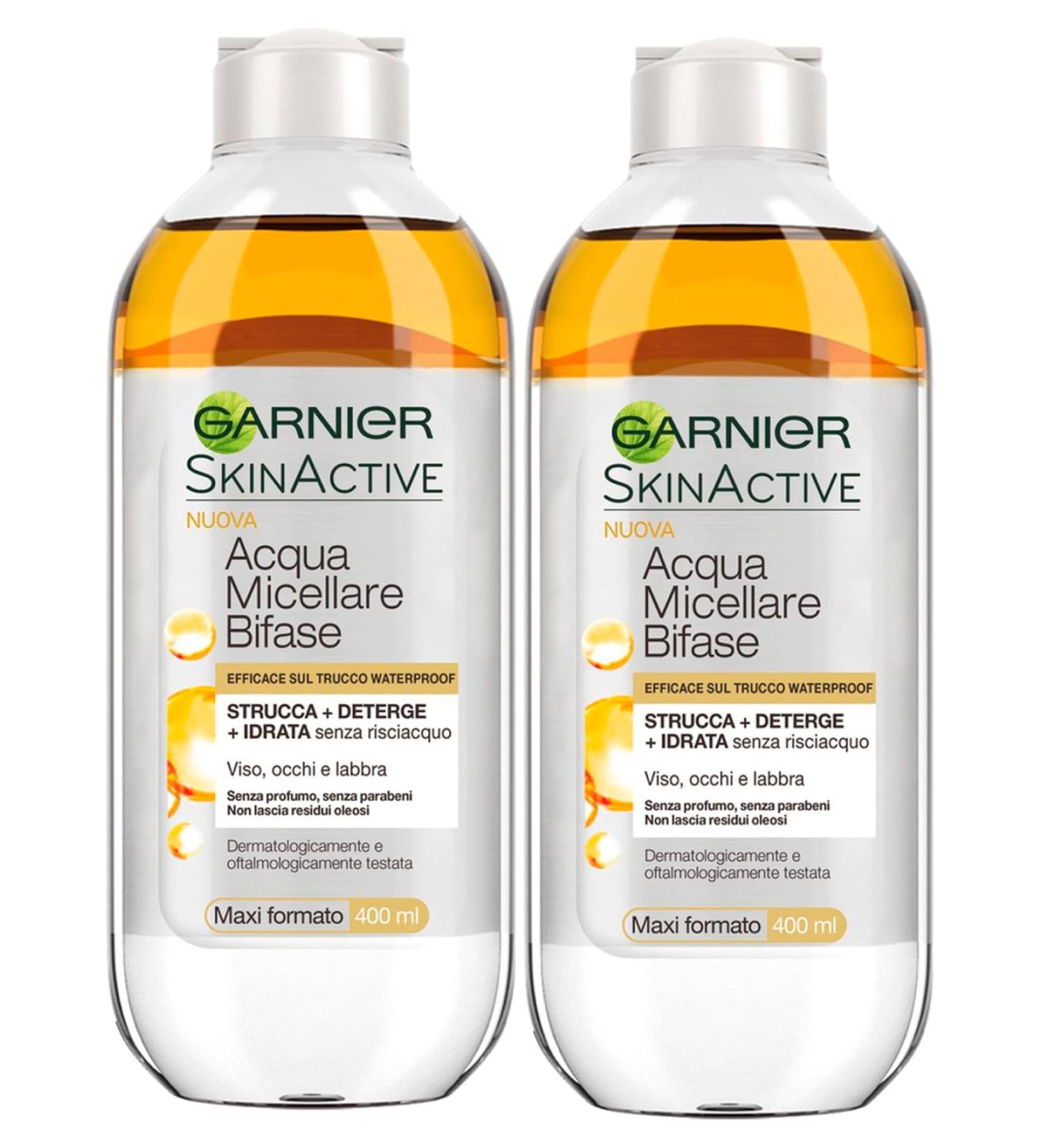 Garnier Garnier SkinActive Bi-Phase Micellar Water No-Rinse Removes Makeup Waterproof Cleansing Moisturizing Action Face Eyes Lips Fragrance-Free Formula - 2 x 400ml Bottles