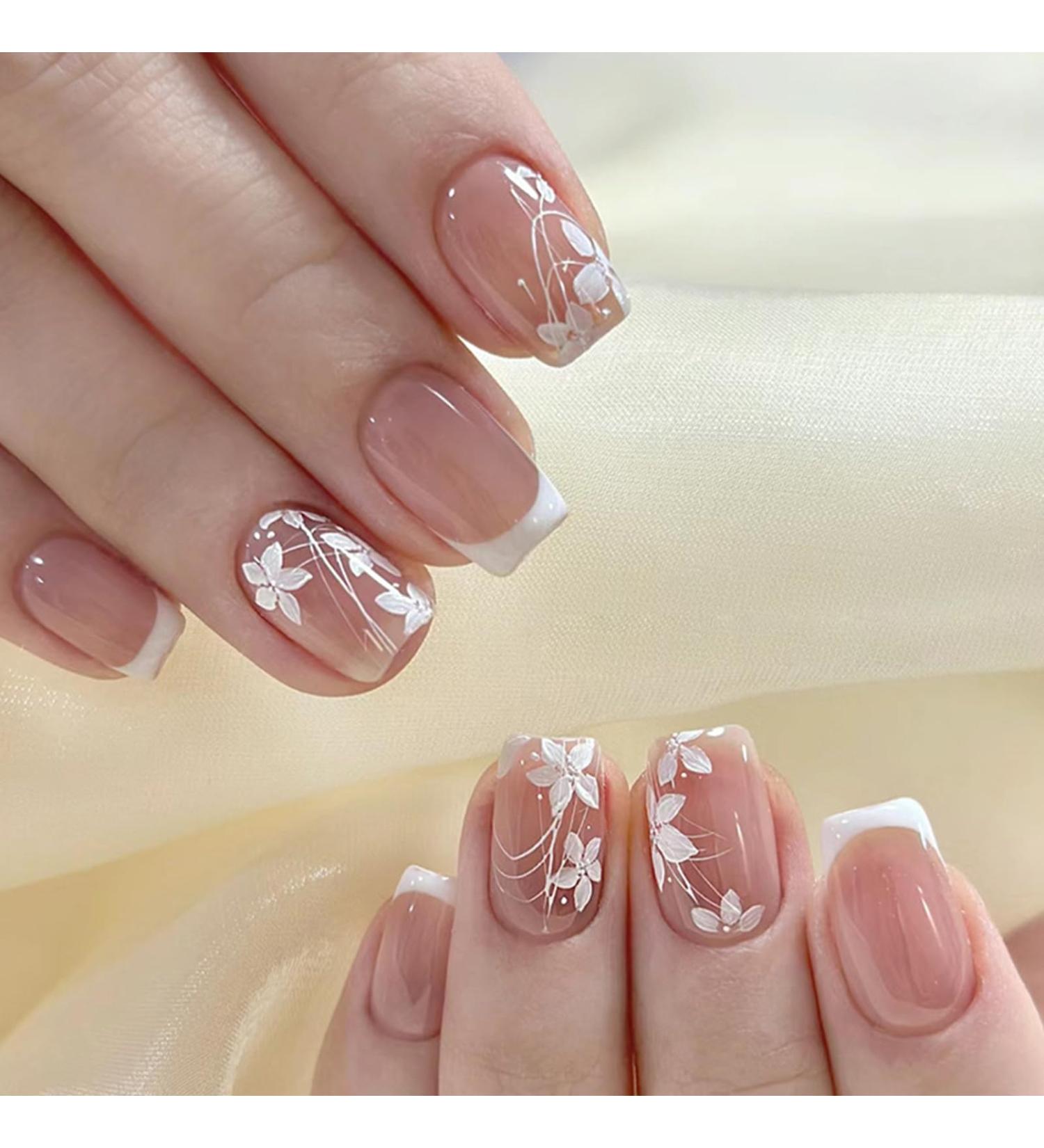 24 Pieces Short Press On Nails - Nude Angular Full Cover with White Flowers | French Acrylic Fingernails for Women & Girls | DIY Manicure Decoration - Buy Online on GoSupps.com