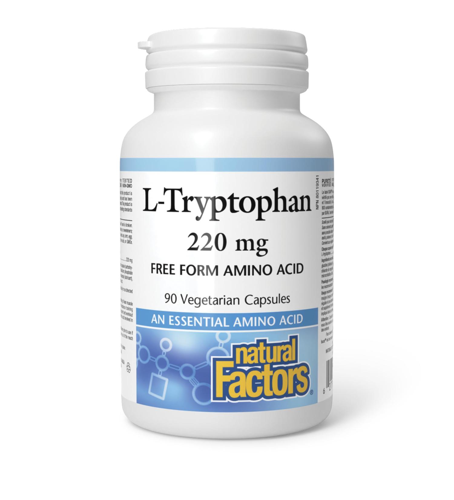 Natural Factors L-Tryptophan 220 mg 90 vegetarian capsules Free Form Amino Acid Highly Absorbable Naturally Fermented Vegetarian Source - Buy Online on GoSupps.com