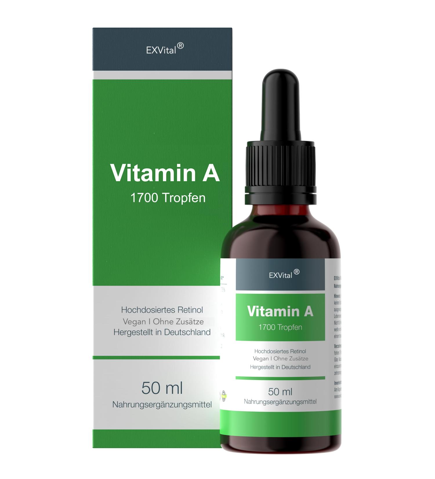 Buy exVital Vitamin A Drops - 5000 I.E (1500 g) per Dose 50ml Bottle - Vegan High-Dose Retinol Laboratory Tested 1700 Drops - Buy Online on GoSupps.com