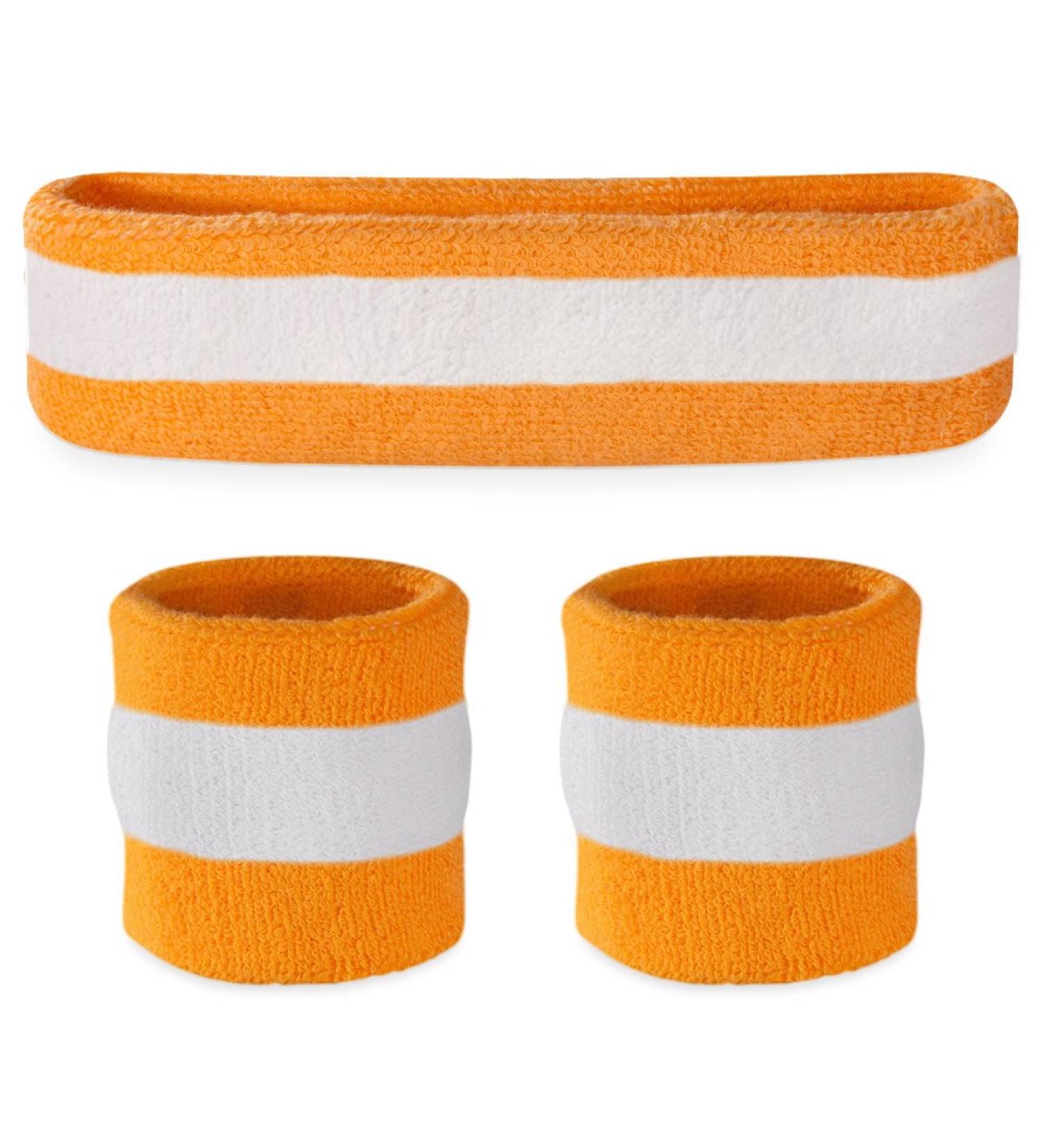 Suddora Striped Sweatband Set - (1 Headband and 2 Wristbands) Cotton for Sports & More. orange, white