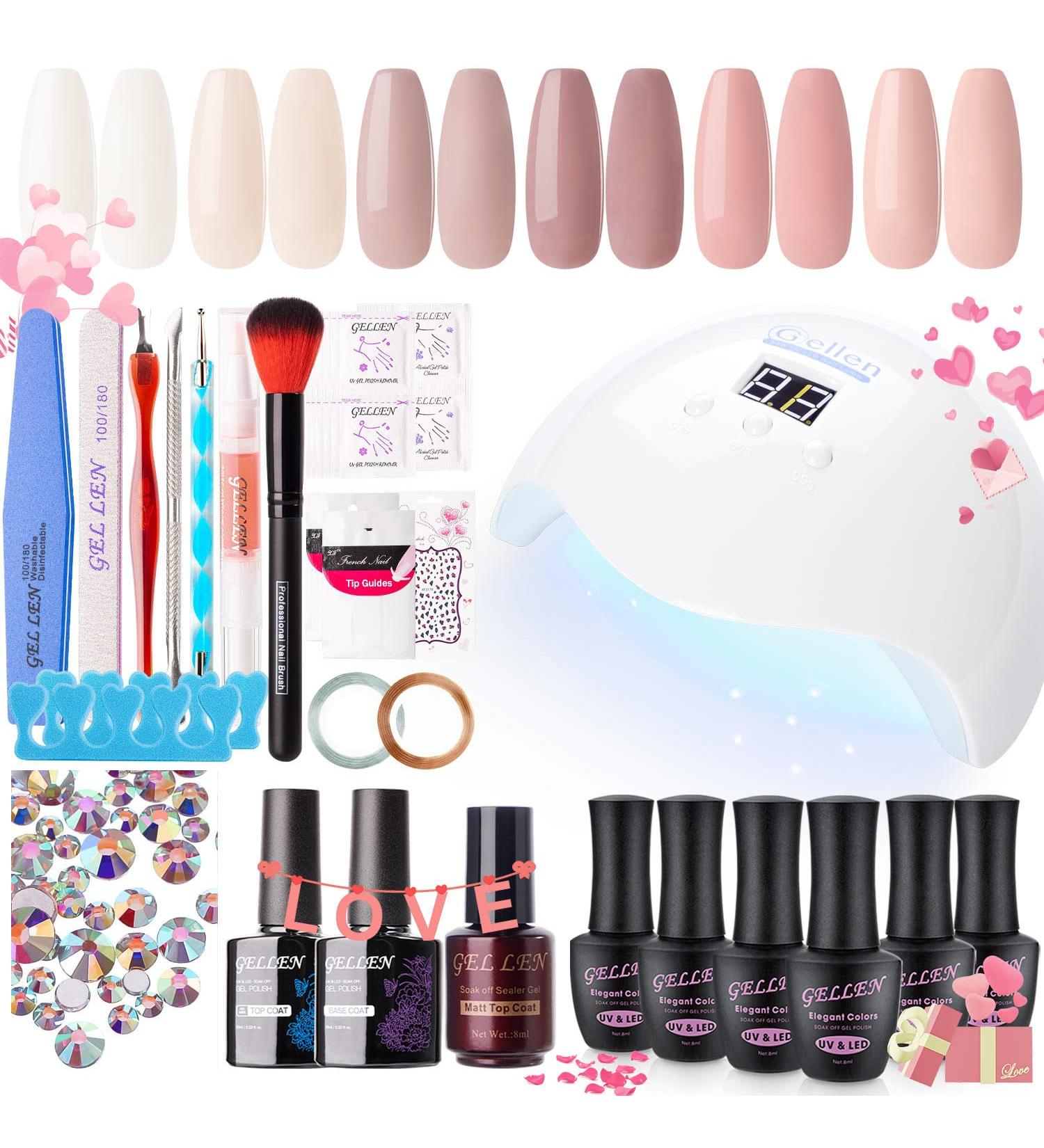 54W Gellen Gel Nail Polish Kit with UV LED Light, 6 Nude Colors, Top Base Coat, Nail Art Decorations, Manicure Tools - All-in-One Manicure Kit in Gentle Nudes Blush Tones - Buy Online on GoSupps.com