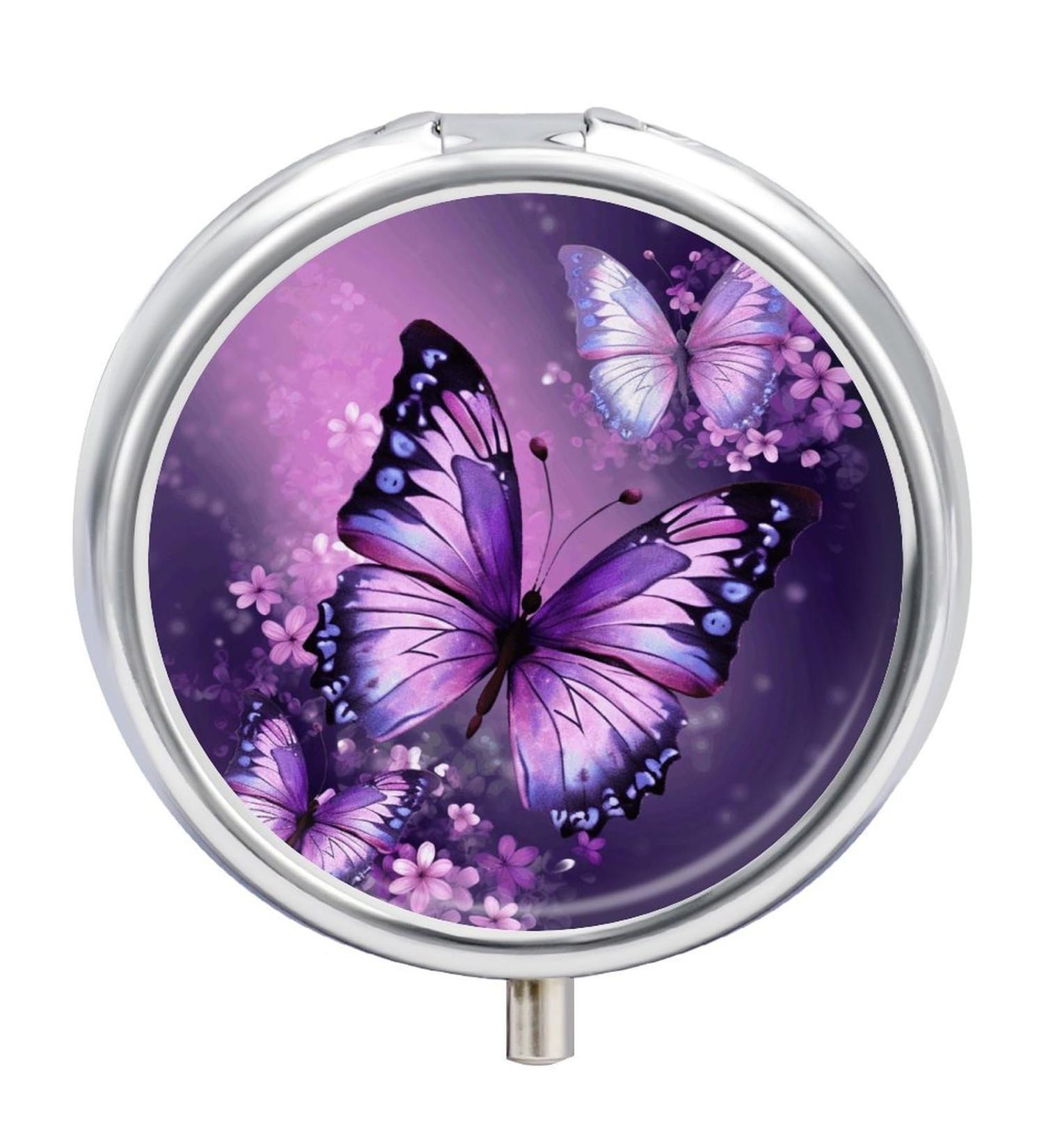 Beautiful Purple Butterfly Round Pill Box | 3 Compartment Portable Pill Organizer Decorative Metal Pocket Case for Medicine - Buy Online on GoSupps.com