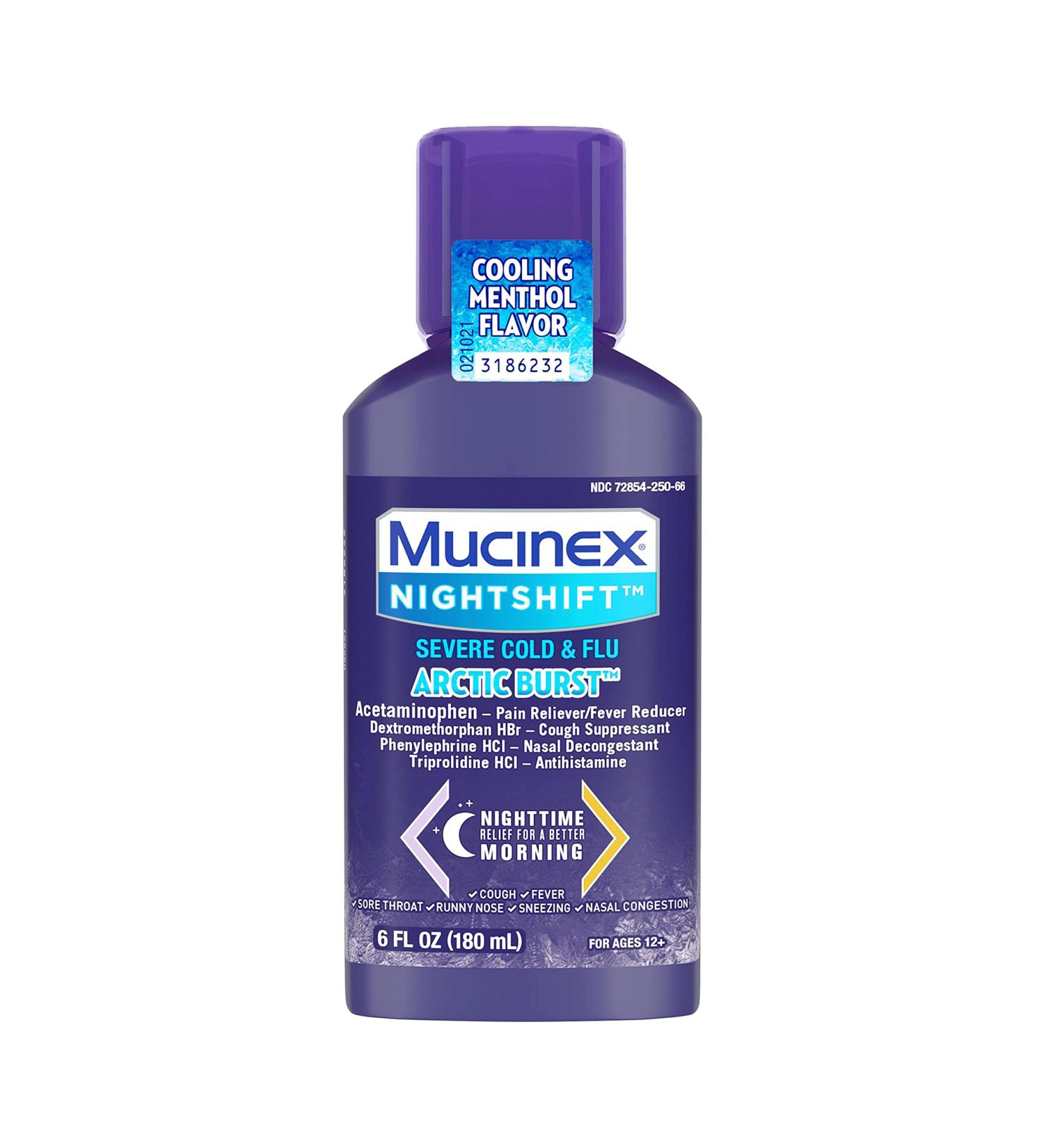 Mucinex Nightshift Cold & Flu Clear & Cool Liquid 6 fl. oz. - Relieves Cold & Flu Symptoms with Menthol - Fever, Sneezing, Sore Throat, Runny Nose, Nasal Congestion & Cough Control - Buy Online on GoSupps.com