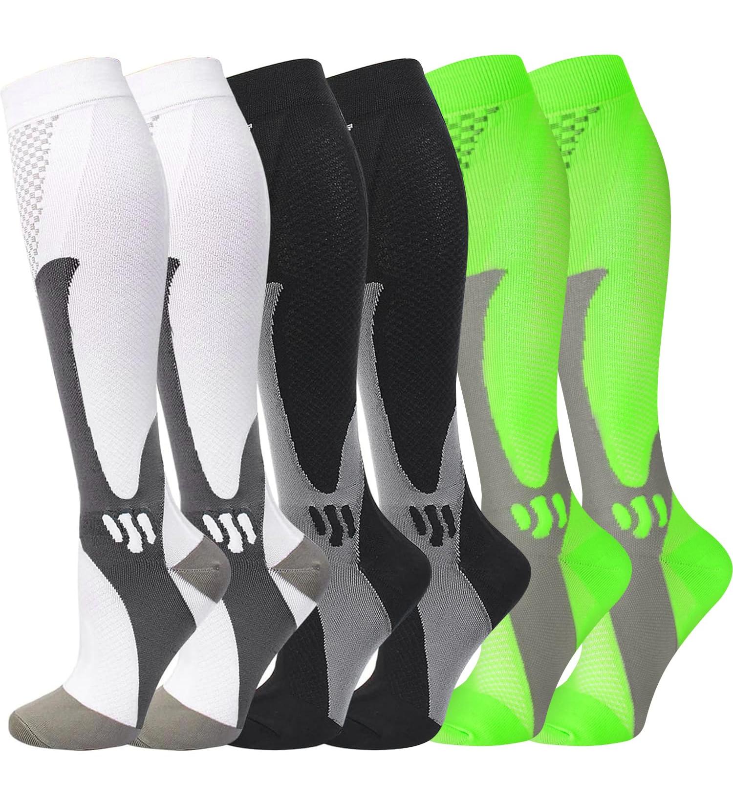 Shop Compression Socks for Men & Women 20-30mmHg Medical Stockings | 3 Pairs in Black White & Green | L-XL for Optimal Circulation - Buy Online on GoSupps.com