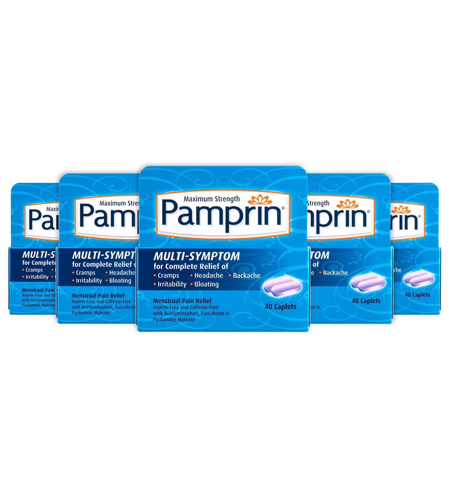 Pamprin Multi-Symptom Formula with Acetaminophen Menstrual Period Symptoms Relief including Cramps Pain Irritability and Bloating 40 Caplets (Pack of 5) - Buy Online on GoSupps.com
