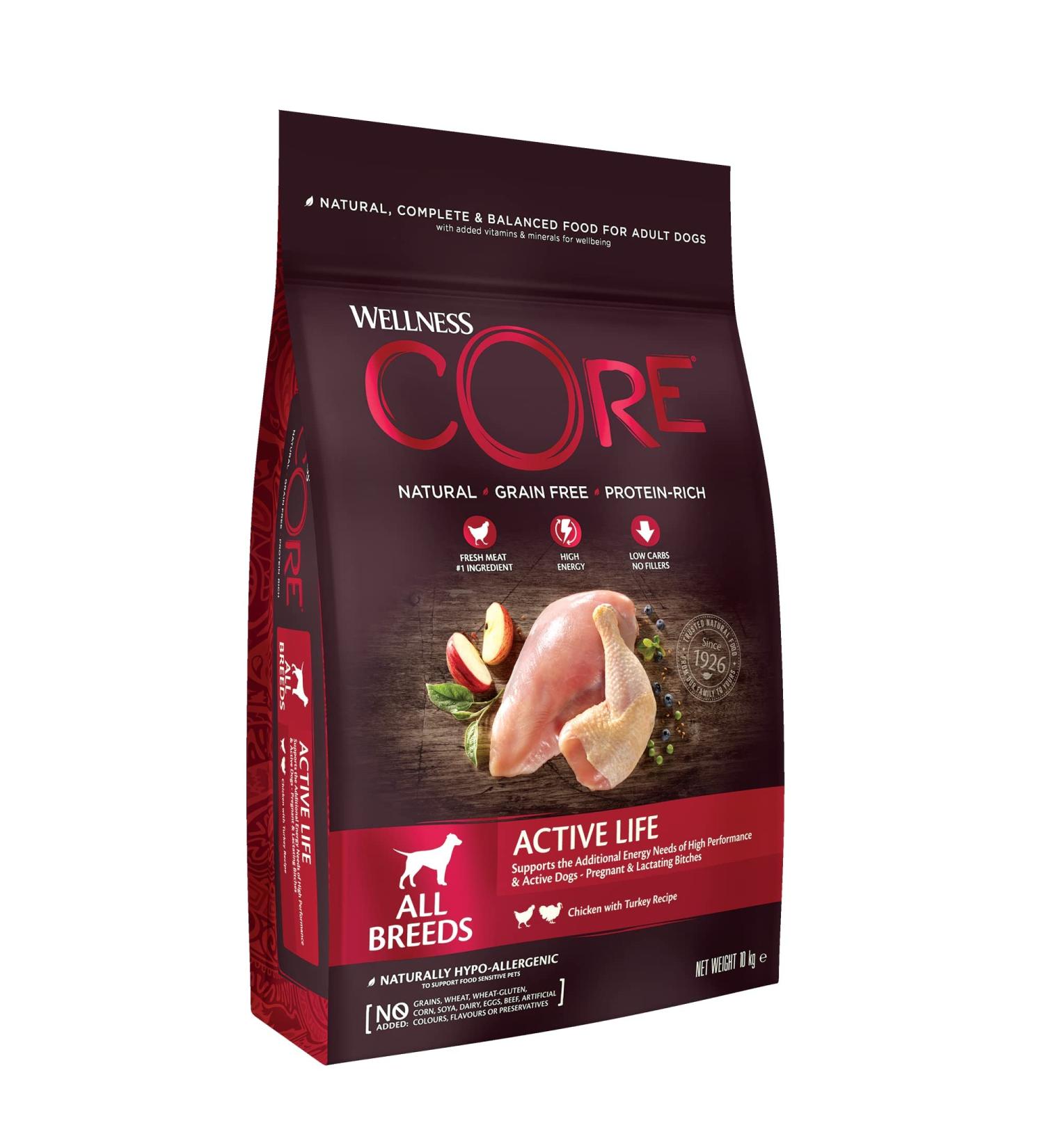 Wellness Core Active Life All Sizes Active Dog Food Natural & Grain Free Chicken & Turkey 10 kg - Buy Online on GoSupps.com