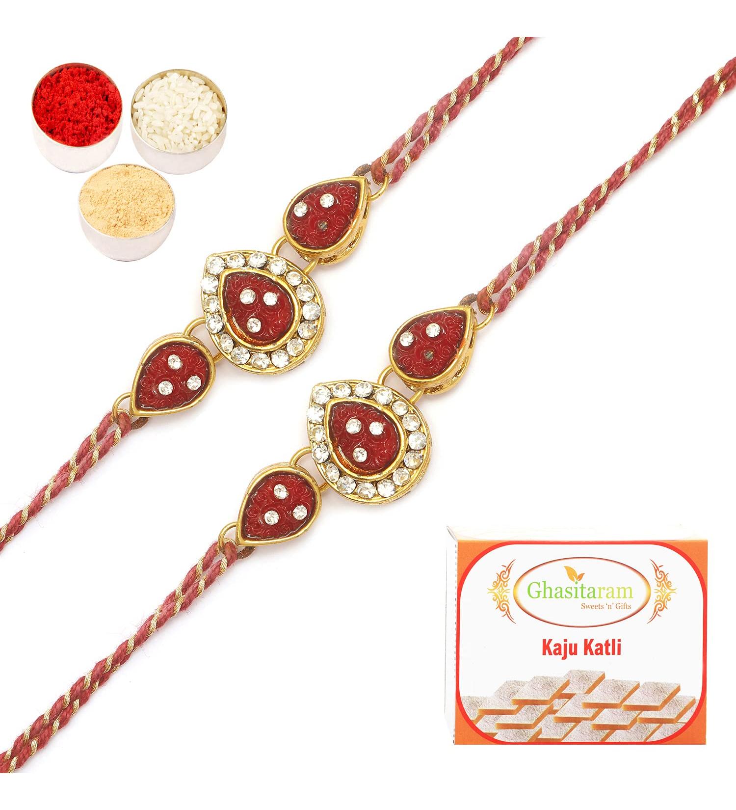 Ghasitaram Gifts Rakhi for Brother Rakhis Online - Set of Two J-33063 Leaf Rose Jewel Rakhi with 200 GMS of Kaju katli - Buy Online on GoSupps.com