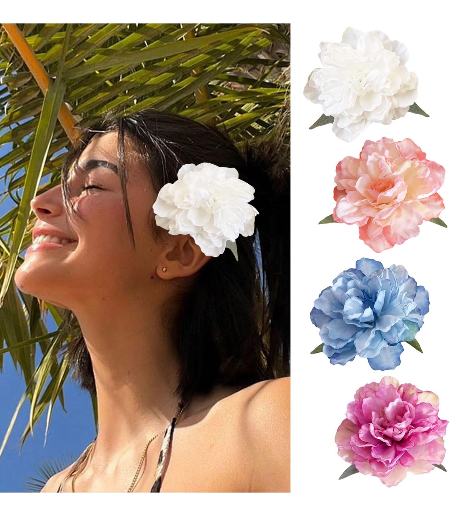 Mezrkuwr 4 Pieces Hawaiian Flower Hair Clips for Women Artificial Flower Clips Hair Accessories for Holiday Beach Party Boho Clips Hairpin for Girls Wedding - Buy Online on GoSupps.com