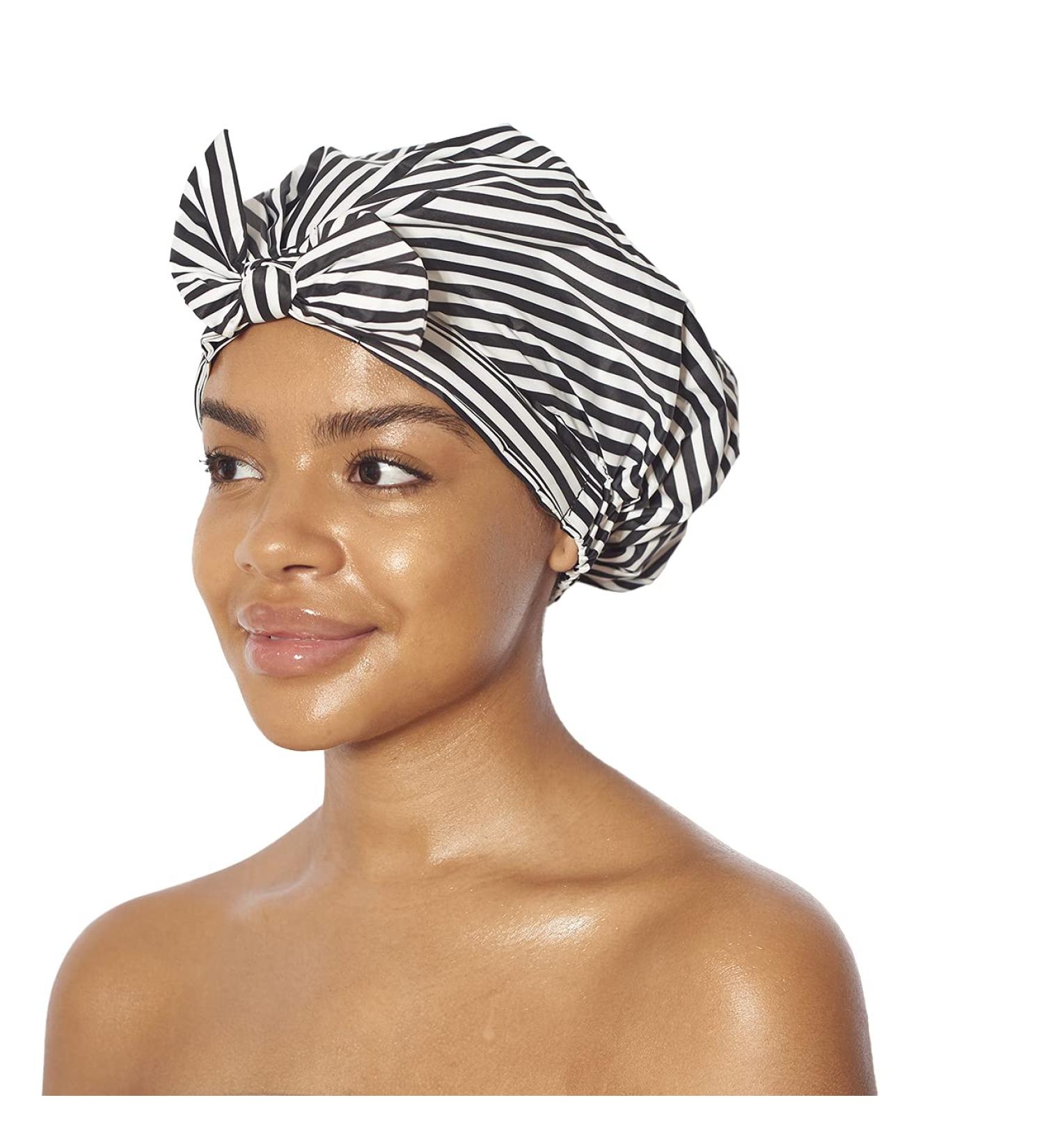 Kitsch Luxury Waterproof Reusable Shower Cap for Women with Long Hair - Black and White Stripe | Fashionable and Practical - Buy Online on GoSupps.com