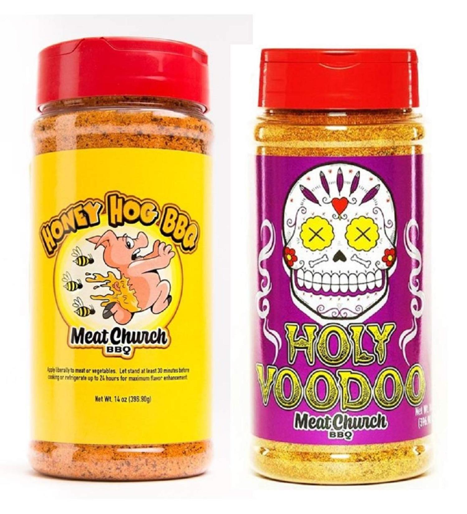 Meat Church BBQ Rub Combo: Honey Hog (14 oz) and Holy VooDoo (14 oz) BBQ Rub and Seasoning for Meat and Vegetables, Gluten Free, One Bottle of Each