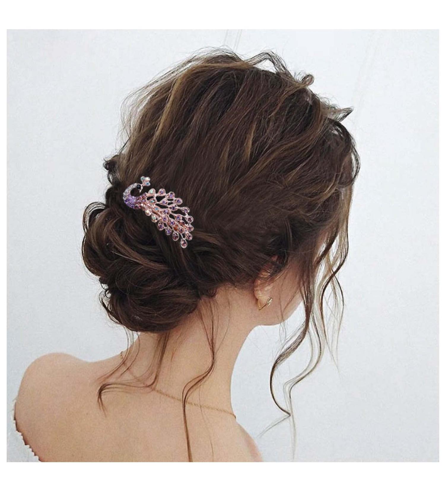 Iaceble Boho Crystal Peacock Hairclip - Purple Rhinestone Barrette Pin for Weddings & Bridal Accessories - Buy Online on GoSupps.com
