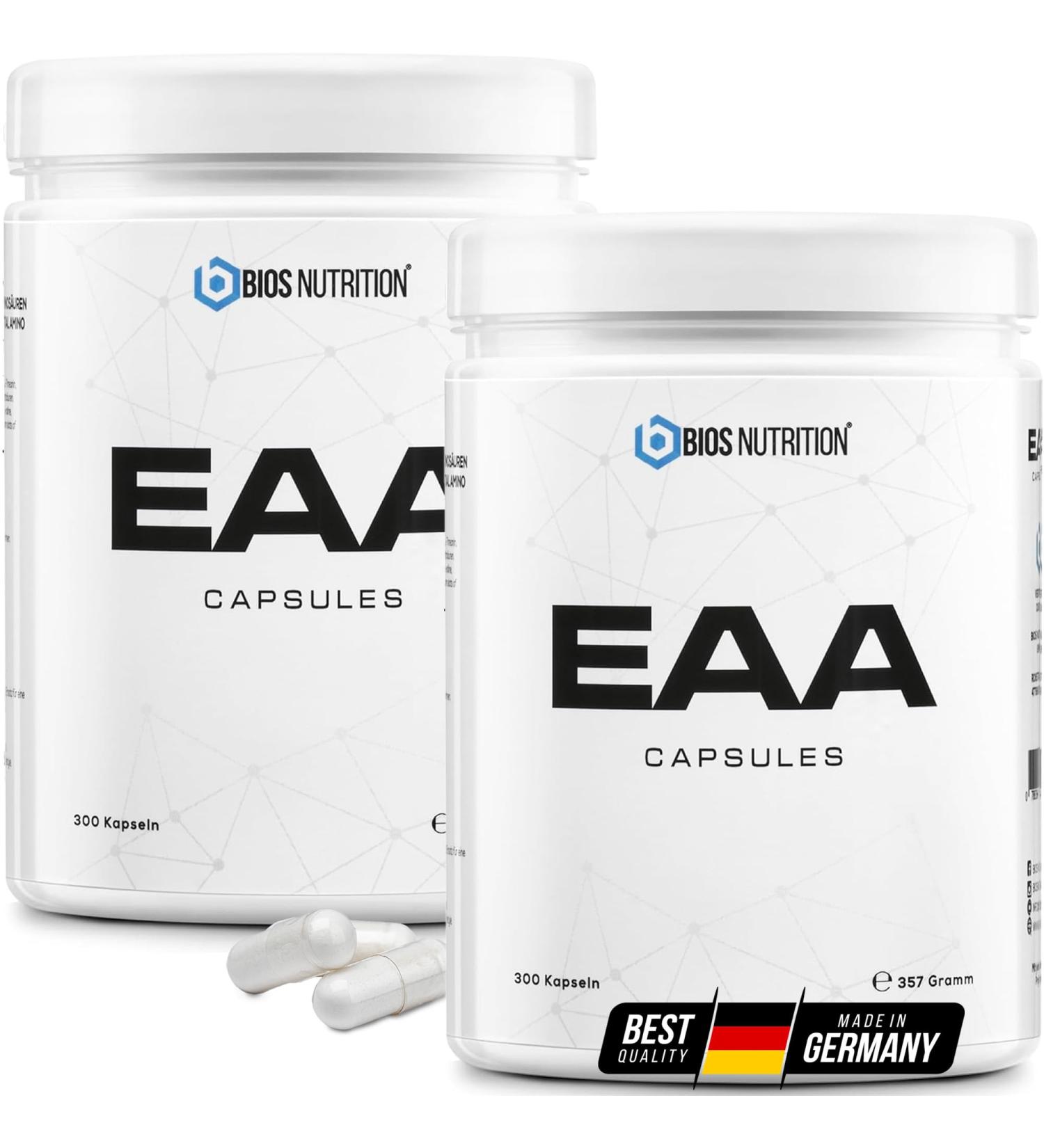 Highly dosed EAA capsules 2x 300 capsules with 1200 mg of EAA each (vegan) - All 8 complex essential amino acids - Human Code profile - No additives - BIOS Nutrition - Buy Online on GoSupps.com
