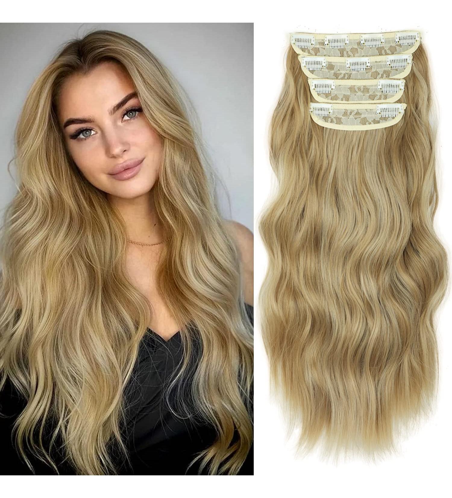 Hair Clip-In Extensions - Long Double Weft Synthetic Blonde Braid 50cm | Cheap Full Head 4-Pcs Wig with Highlights for Women - Buy Online on GoSupps.com