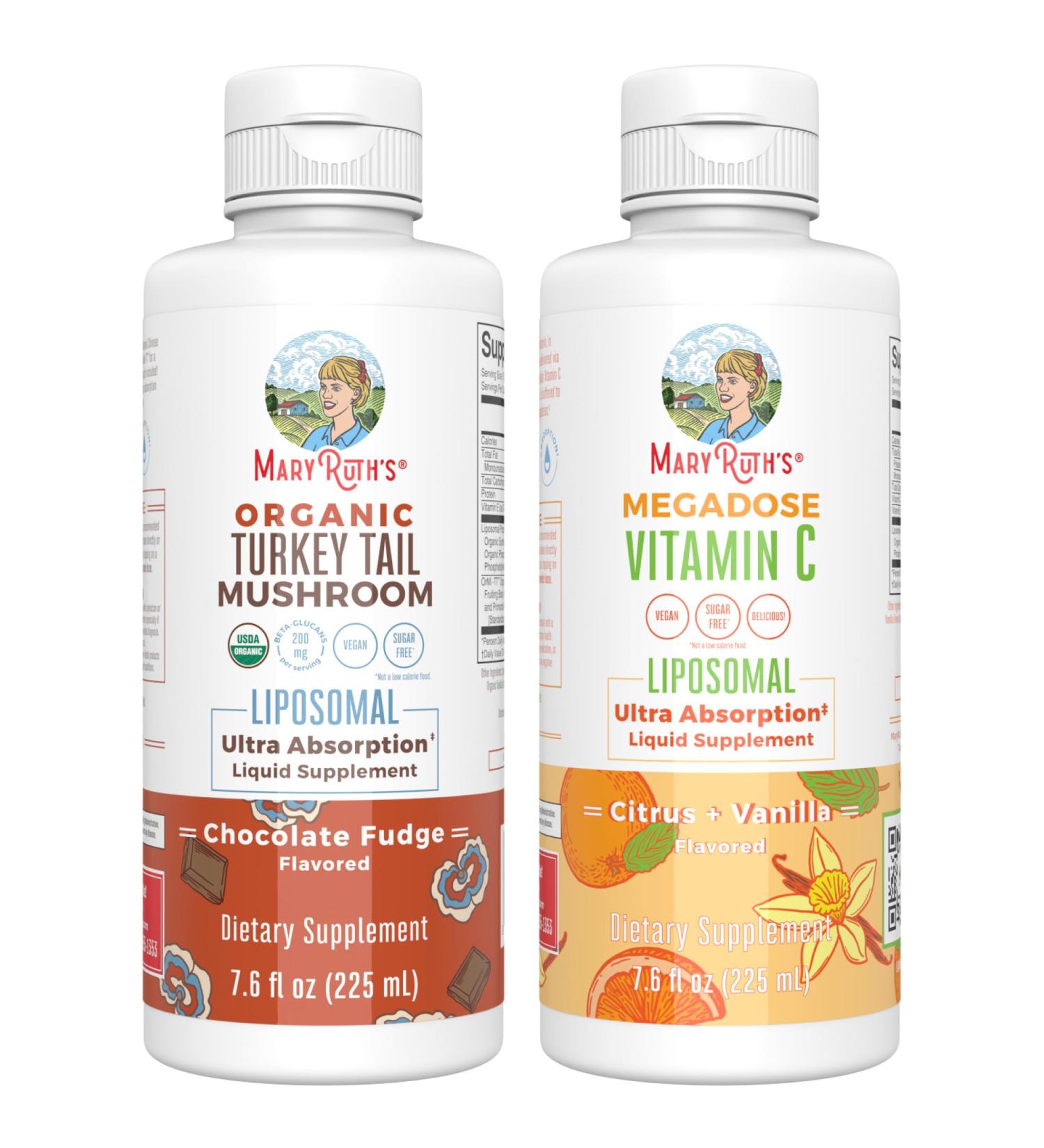 MaryRuth's Turkey Tail Mushroom Liposomal (Chocolate Fudge) & Vitamin C Liposomal (Citrus & Vanilla) | Clean Label Project Verified | Vitamins for Immunity Beauty & Overall Health | Vegan Non-GMO - Buy Online on GoSupps.com