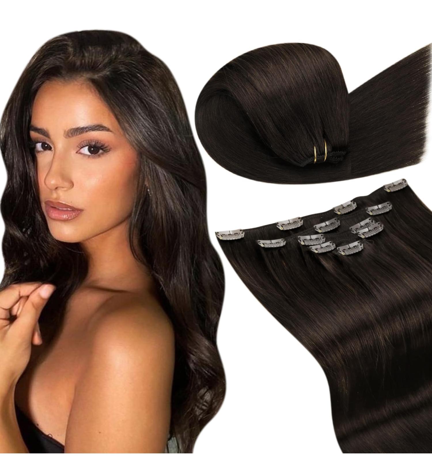 Shop Laavoo Clip-In Extensions | Real Dark Brown Remy Hair - 70g 40cm 5 Pieces - Buy Online on GoSupps.com