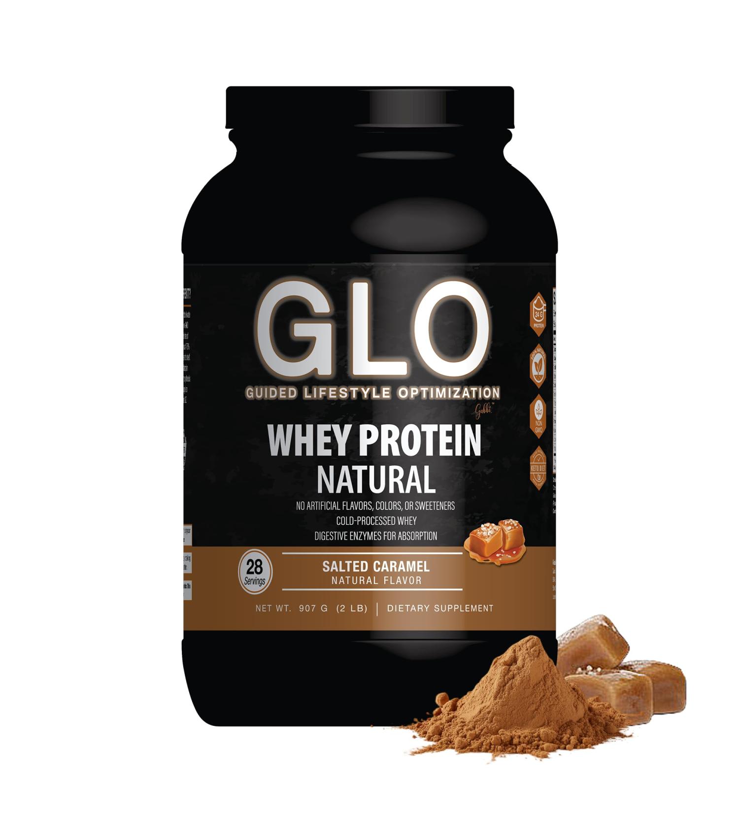 GLO Health Foods Cold-Processed Whey Protein - Salted Caramel Flavor - 24g Protein per Serving - Whey with Digestive Enzymes & BCAAs - Supports Muscle Growth, Strength & Recovery - 2 LB (28 Servings) - Buy Online on GoSupps.com