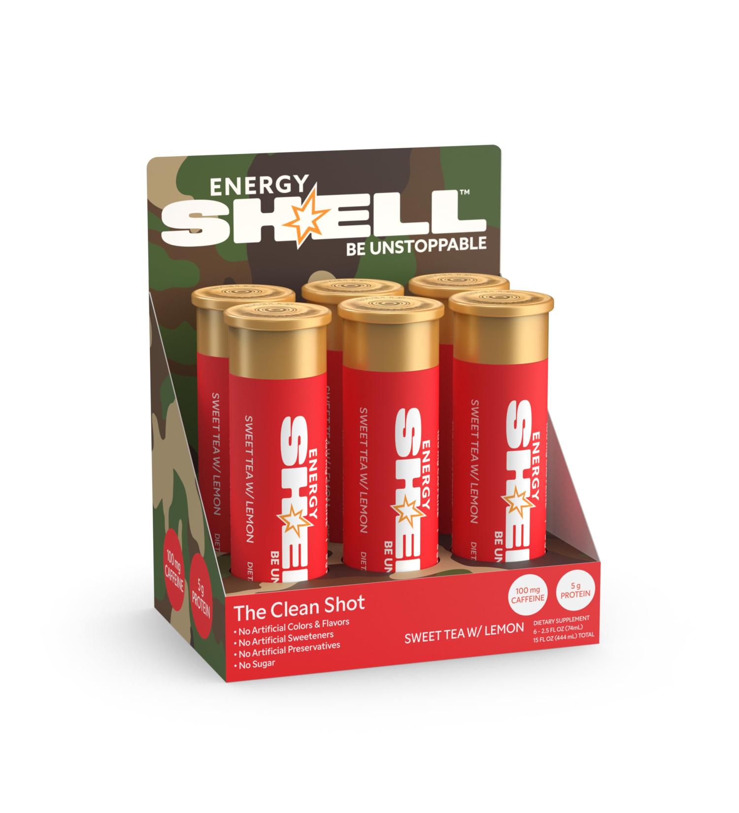 ENERGY SHELL Sweet Tea With Lemon Flavored Energy Shot 2.5oz 100mg Natural Caffeine Low Sugar Energy Drink with Amino Acids & 5g of Protein Zero Artificial Flavors or Sweeteners (6 Pack) Sweet Tea & Lemon