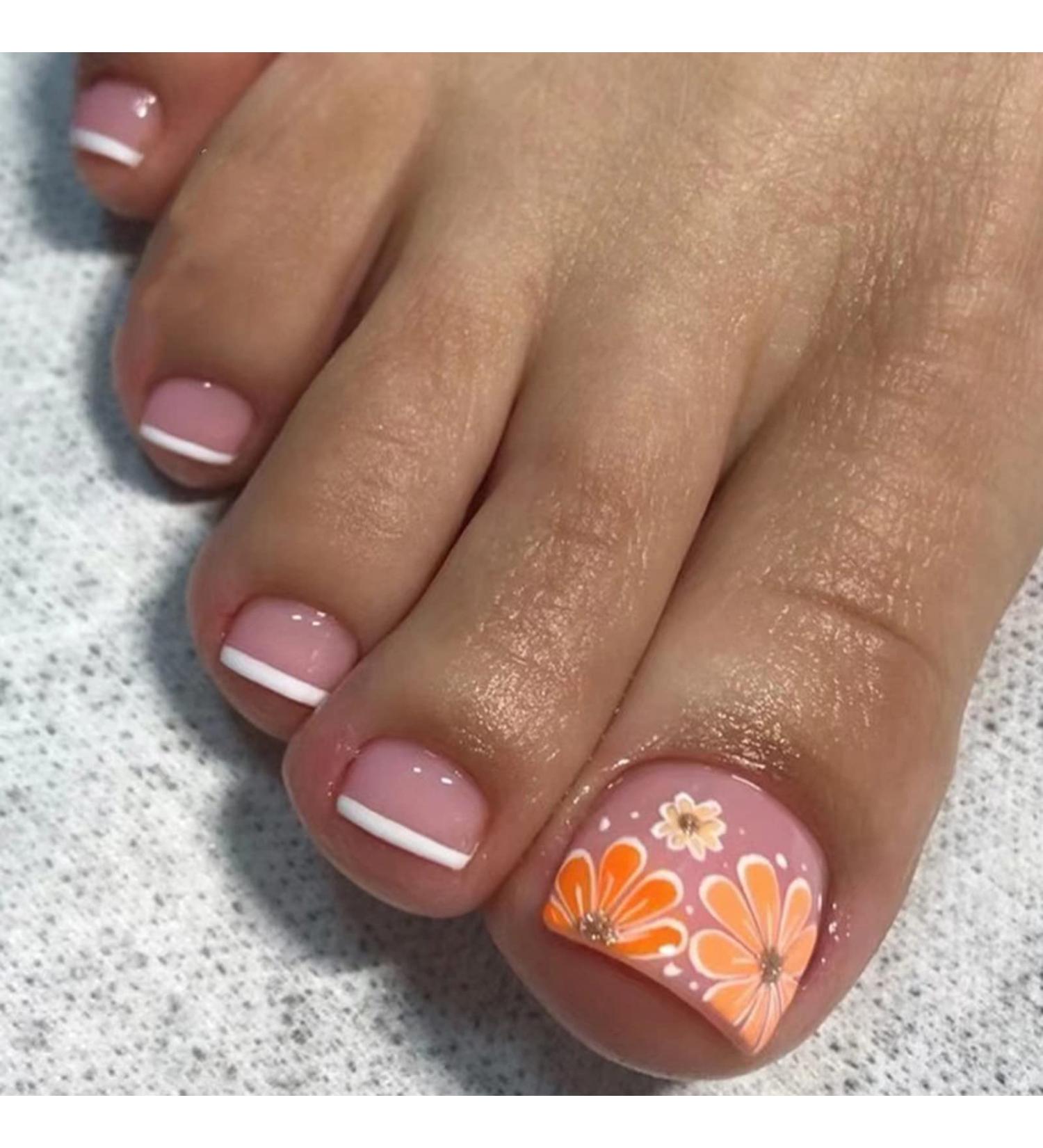 Nude Pink Square Fake Toenails with Flower Design - 24 Pcs | Full Cover Glossy Toe Nail Tips for Women | Spring/Summer French Acrylic Toenails - Buy Online on GoSupps.com