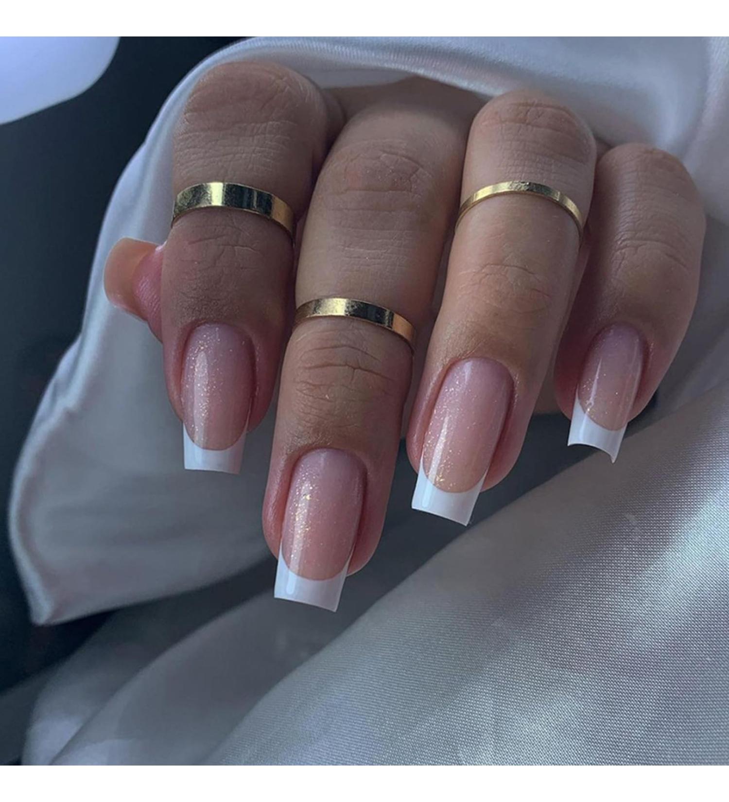 24Pcs Nude Glitter French False Nails - Long Coffin Press on Nails with Nail Glue - Women's Nail Art - Buy Online on GoSupps.com