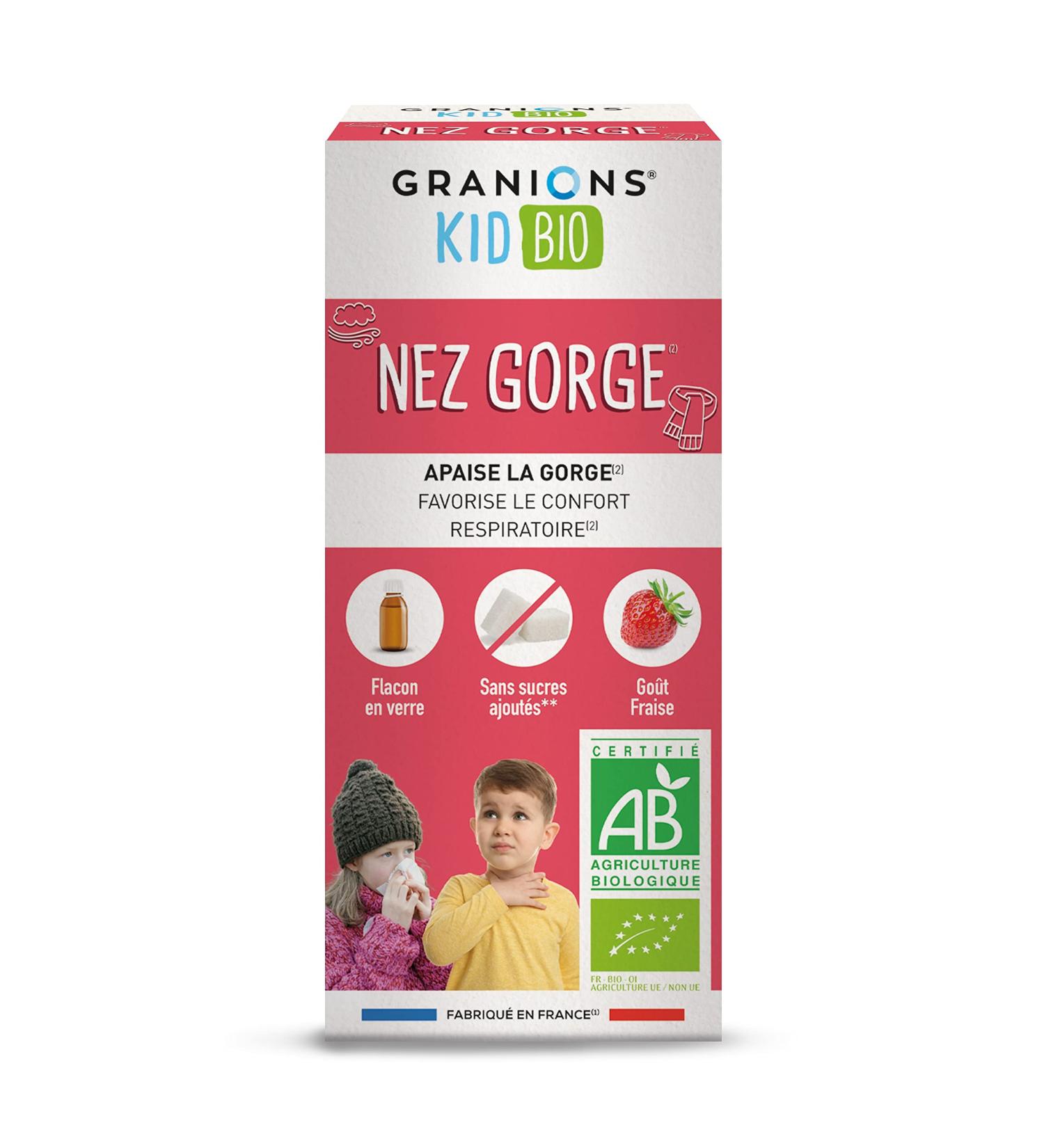 GRANIONS KID BIO GRANIONS NOSE THROAT - Certified - Double action: Soothes the throat & promotes comfort - Natural formula based on agave breathing syrup - Strawberry taste - 125 ml - Buy Online on GoSupps.com