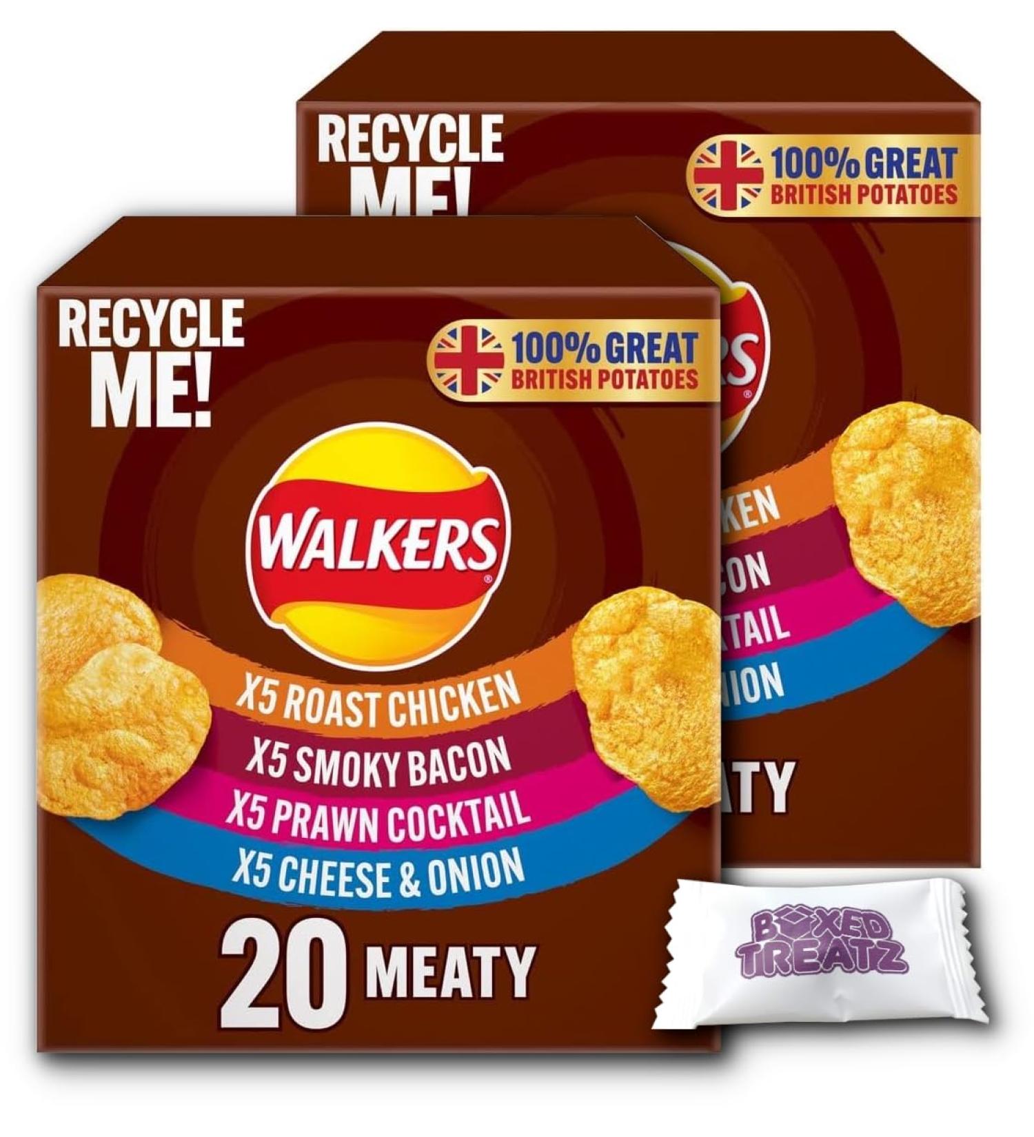 Walkers Meaty Variety Crisps 25g Bags Multipack Of Walkers Meaty Variety Crisps Smoky Bacon Roast Chicken Prawn Cocktail Cheese & Onion 2 Boxes Of 20X25g Boxed Treatz (40) - Buy Online on GoSupps.com