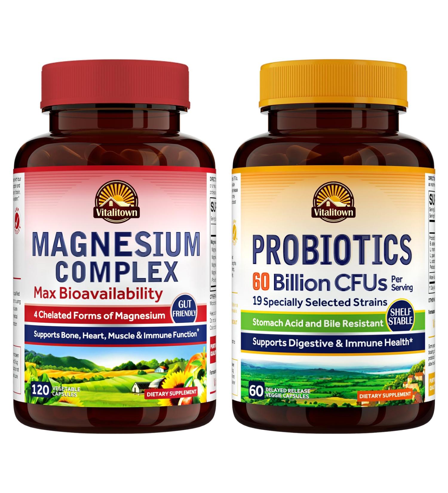 Vitalitown Magnesium + Probiotic Bundle (Pack of 2) | Magnesium Complex (Item 1) & Probiotics 60 Billion CFUs (Item 2) | 120 Magnesium Capsules & 30 Probiotic Capsules - Buy Online on GoSupps.com