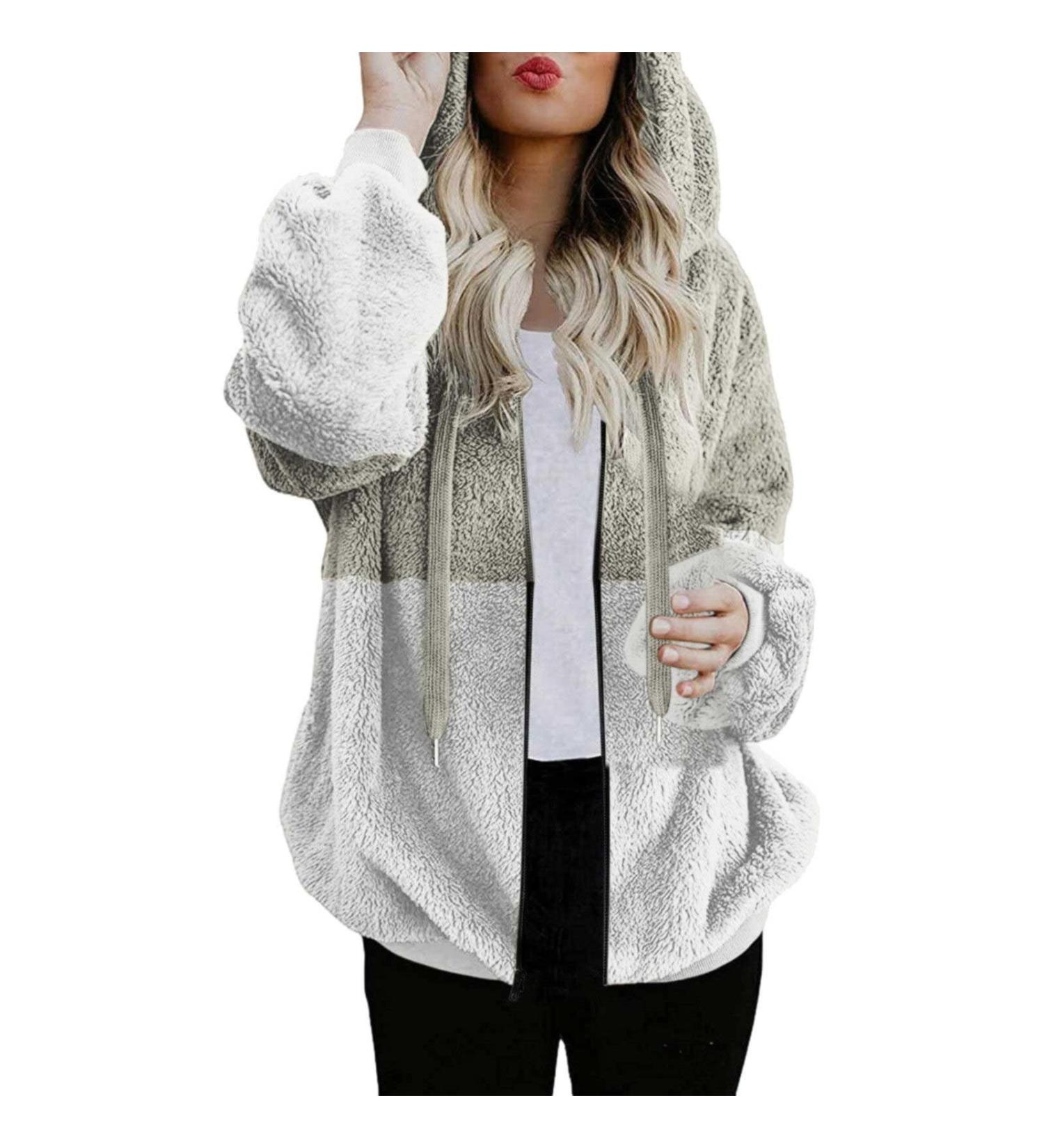 Women's Oversized Fleece Plush Hoodie Jacket - Warm Fluffy Zippered Long-Sleeved Stand-Up Collar for Winter - Buy Online on GoSupps.com