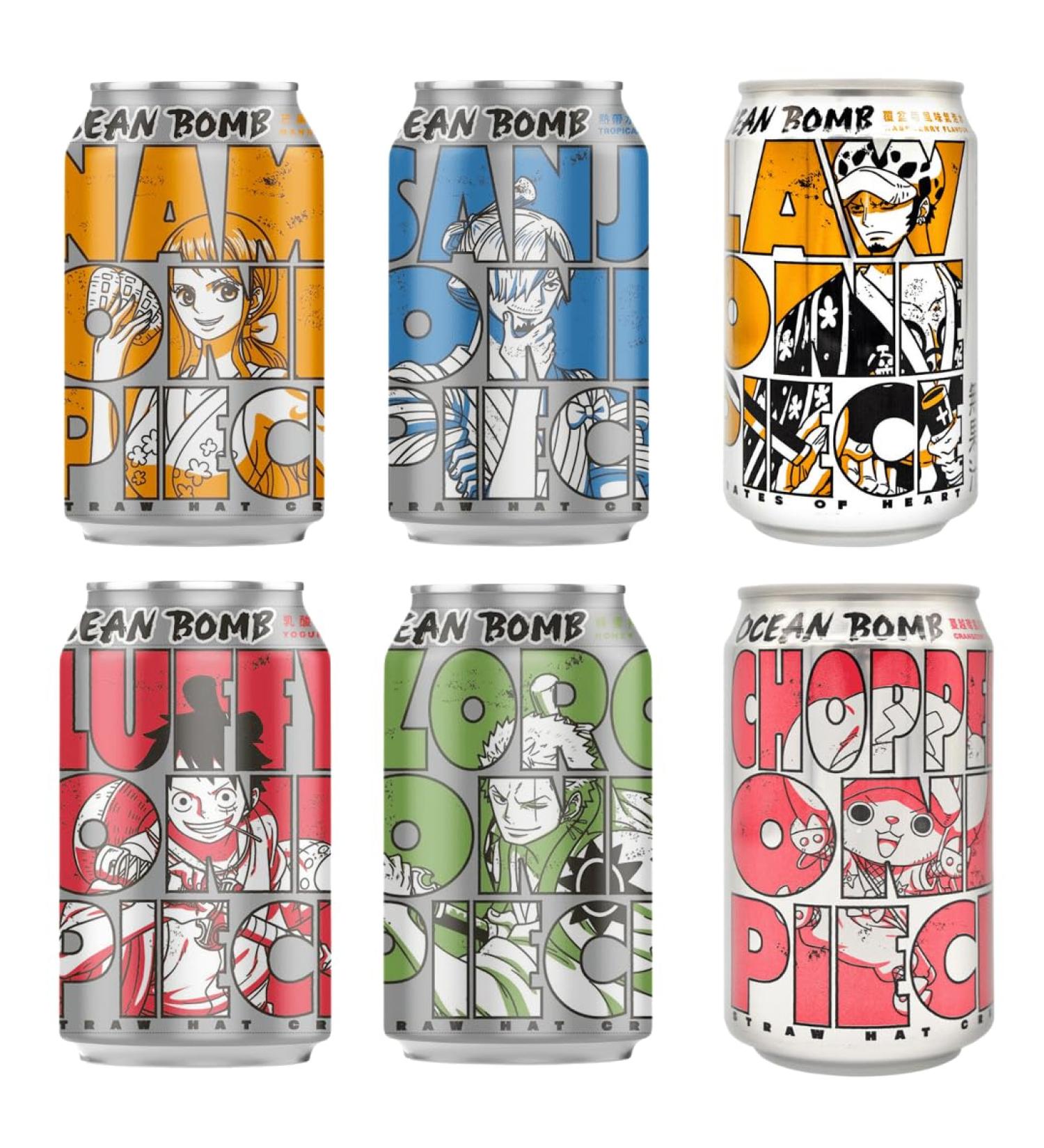 ONE PIECE x YHB Ocean Bomb 6 Assorted Flavours Sparkling Soda Water Drink 330ml - Straw Hat Crew: Law Luffy Nami Zoro Sanji Chopper (Pack of 6) - Buy Online on GoSupps.com