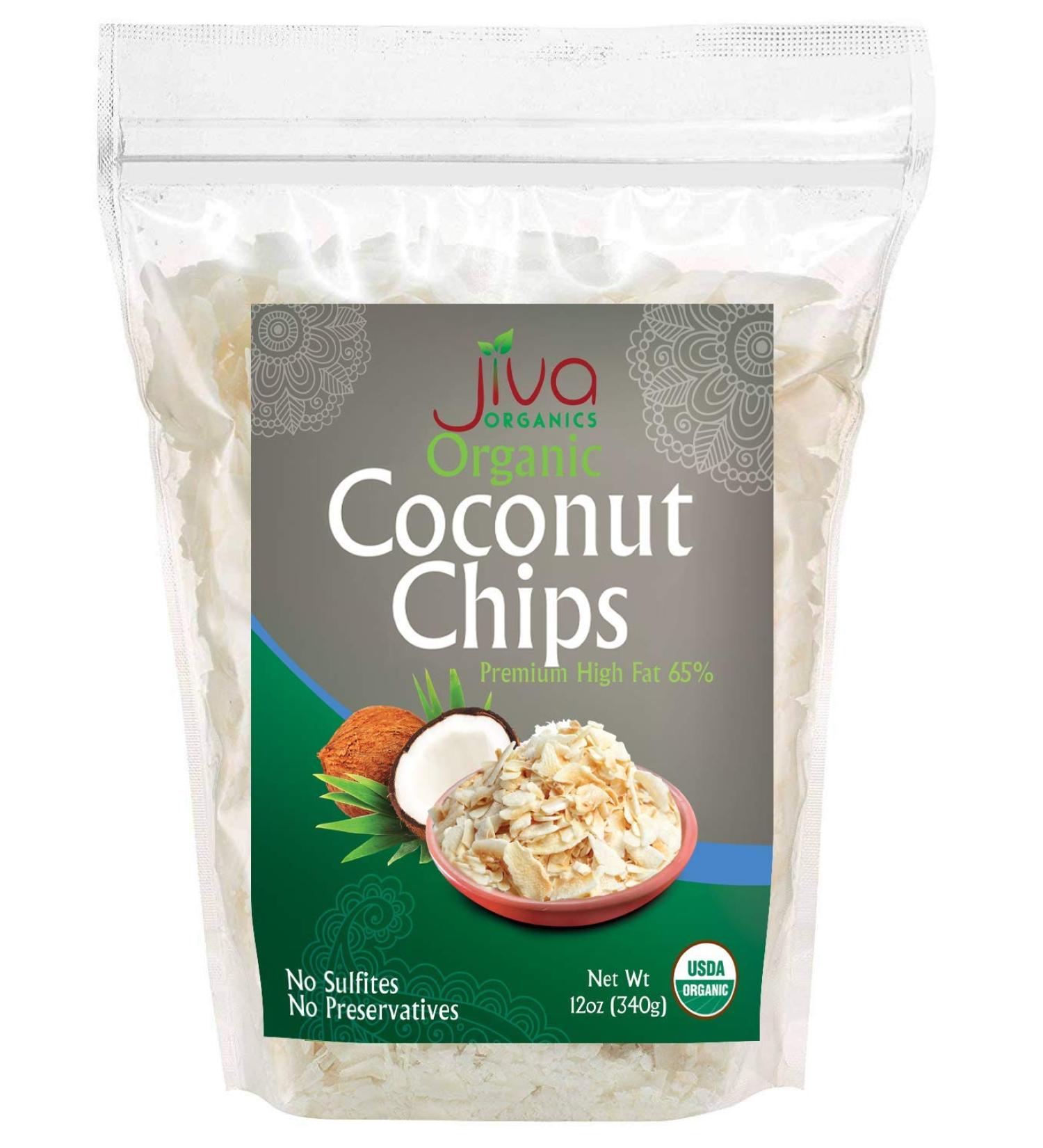 Jiva Organics Organic Raw Unsweetened Coconut Chips 12oz - Sulphate Free, Keto, Paleo, Non-GMO, Gluten-Free - Buy Online on GoSupps.com