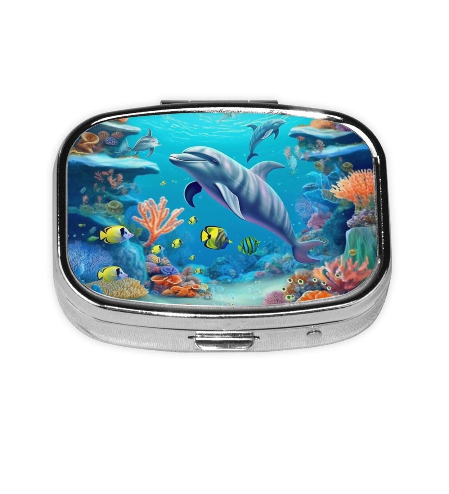 Seabed Coral Fish Dolphins Small Pill Case - 2 Compartment Travel Organizer | Cute Pill Box for Purse & Gifts - Buy Online on GoSupps.com