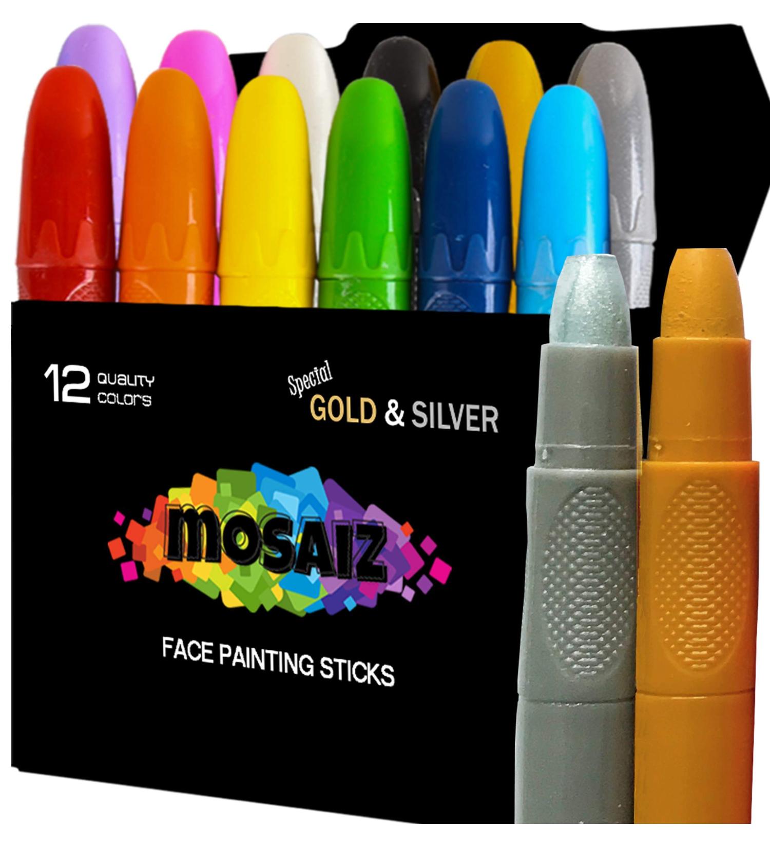 Mosaiz Face Painting Kit for Kids - 12 Colors Water Based Paint Sticks for St Patricks Day, Halloween & Cosplay - Washable & Twistable Body Paint Set for Adults - Buy Online on GoSupps.com