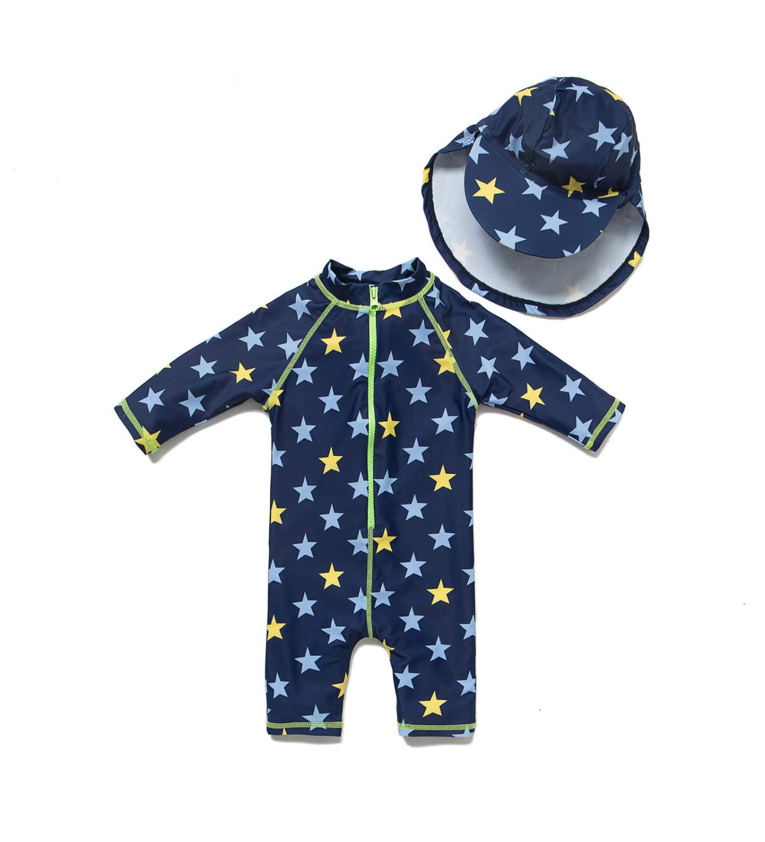 BONVERANO Baby Boys Swimsuit 12-18 Months | Short-Sleeve Zipper One Piece Swimwear Yellow Star | UPF 50+ Sun Protection - Buy Online on GoSupps.com