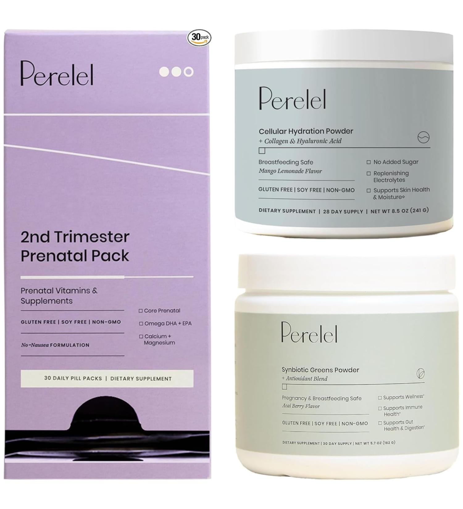 Perelel 2nd Trimester Glow Bundle 2nd Trimester Prenatal Vitamin Pack Synbiotic Greens Powder & Cellular Hydration Powder - Buy Online on GoSupps.com
