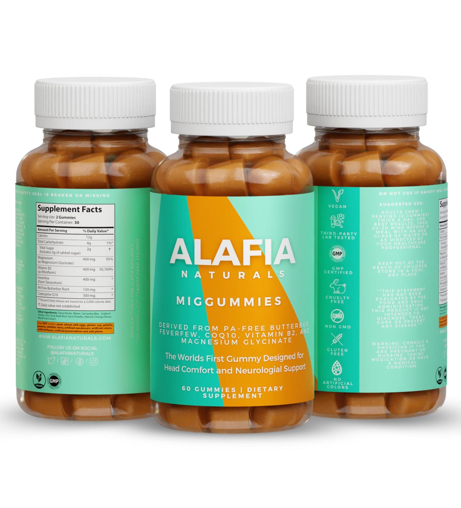 Alafia Naturals Miggummies - World's First Cranial Comfort and Support Gummy - Magnesium Glycinate Butterbur Feverfew CoQ10 Vitamin B2 400mg Riboflavin 400mg 60ct - Buy Online on GoSupps.com