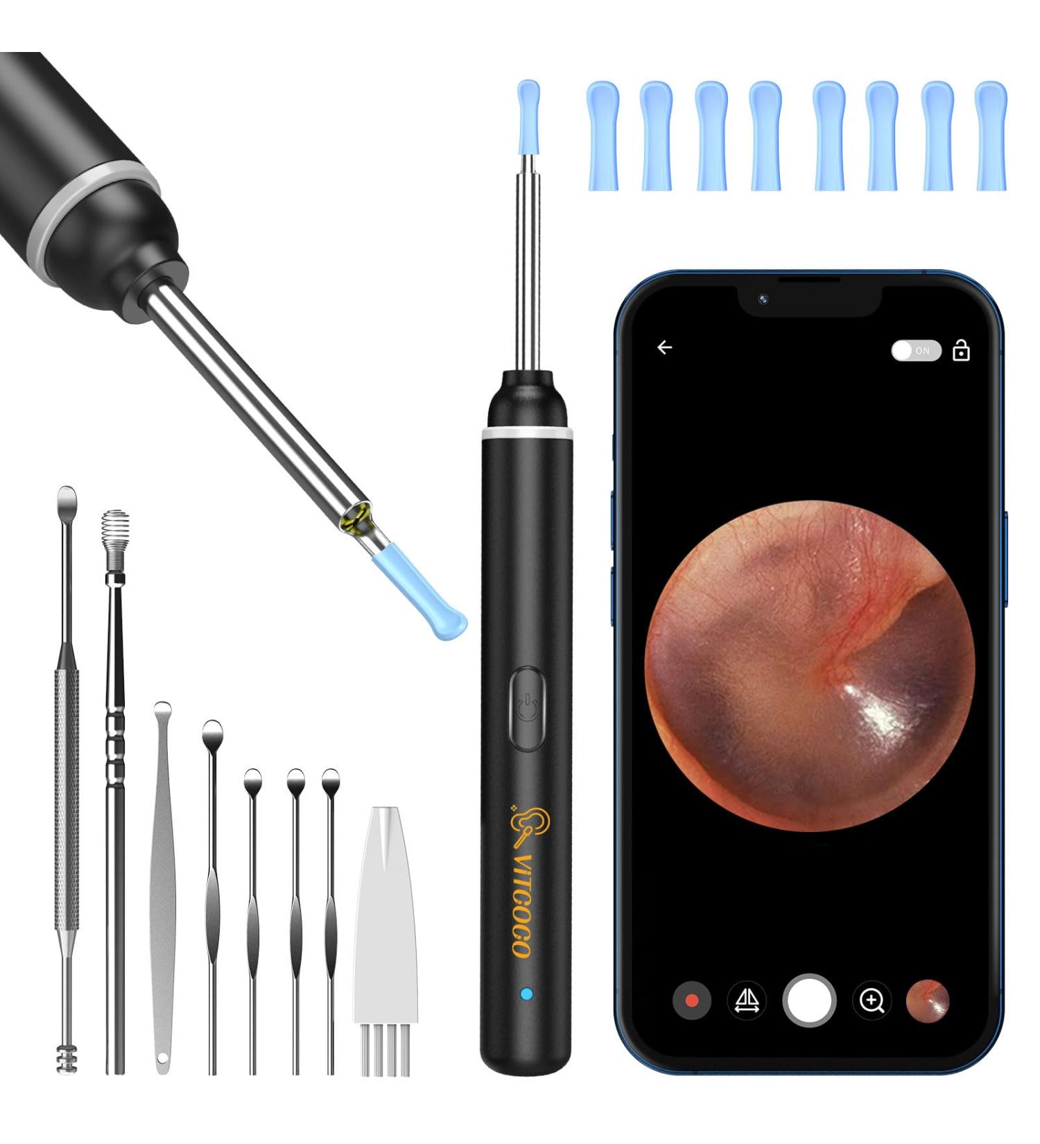 VITCOCO Ear Wax Removal Kit 1920P HD Ear Cleaner with Camera Ear Wax Remover Tool WiFi Otoscope with 6 LED Lights & 8 Ear Spoons Visual Ear Scope for iPhone iPad Android Adults Kids Pets(Black) - Buy Online on GoSupps.com