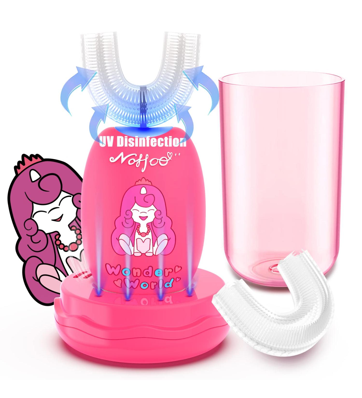 NOHOO Kids Electric Toothbrush, 360 Ultrasonic Automatic U Shape Whole Mouth Tooth Brush - Red Unicorn Print, Ages 2-12 - Buy Online on GoSupps.com