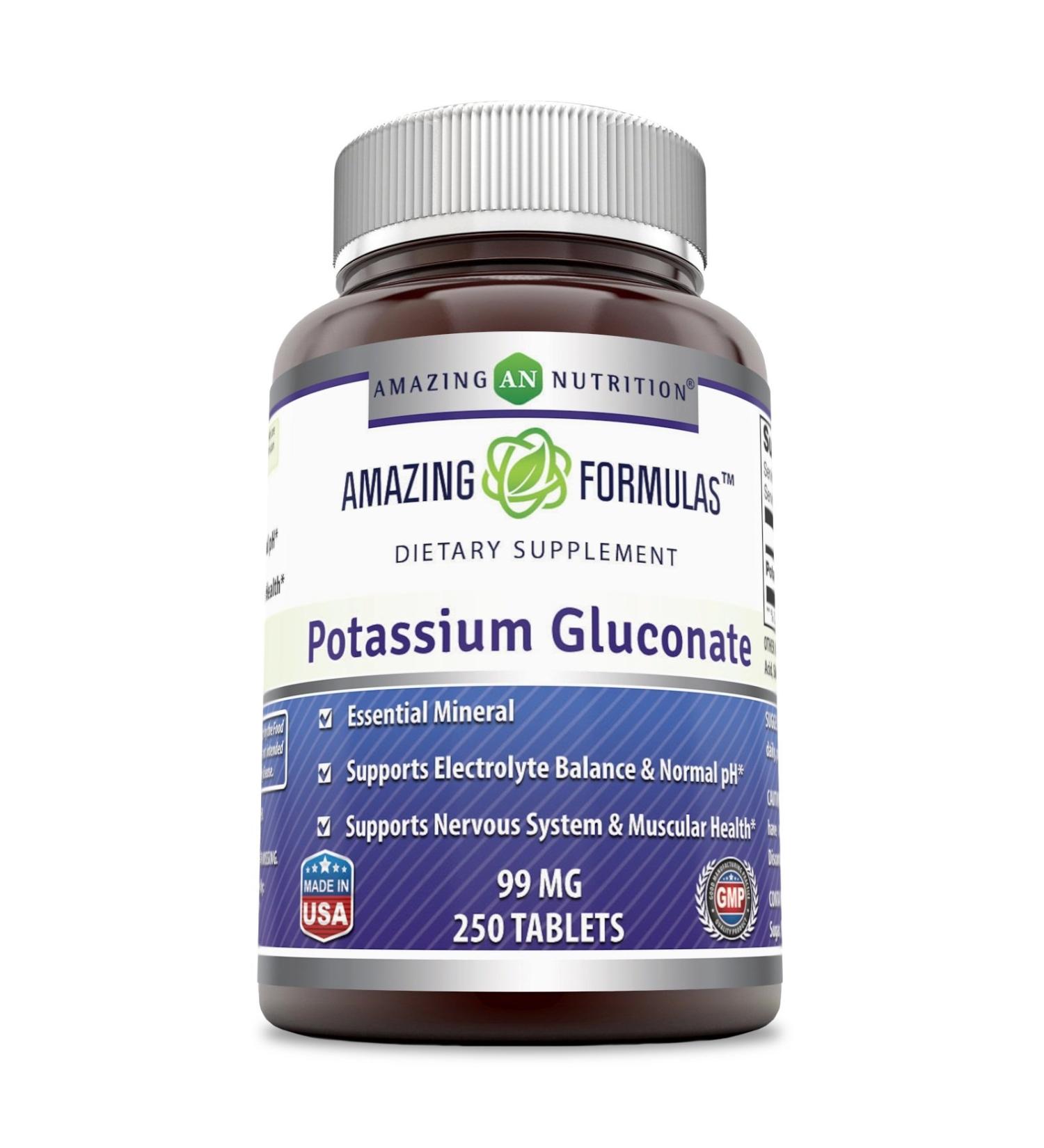 Amazing Formulas Potassium Gluconate 99mg - 250 Tablets, Non-GMO & Gluten Free | Supports pH Balance & Muscular Health - Buy Online on GoSupps.com