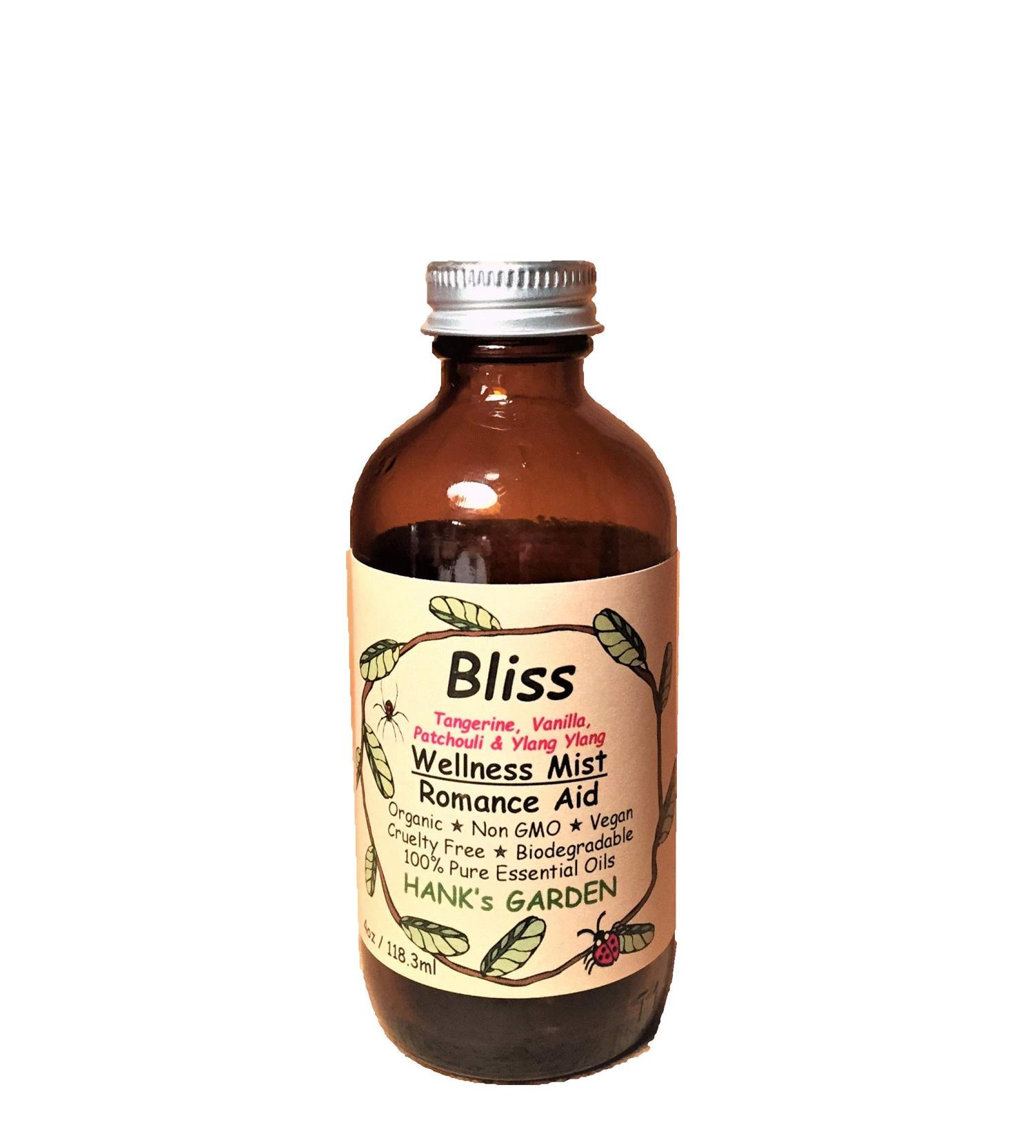 Hank's Garden BLISS Romance Wellness Body Room Spray Mist - Tangerine Vanilla Ylang Ylang & Patchouli - 100% Pure Essential Oils Vegan Organic Biodegradable Non GMO Cruelty Free (4 oz Refill)