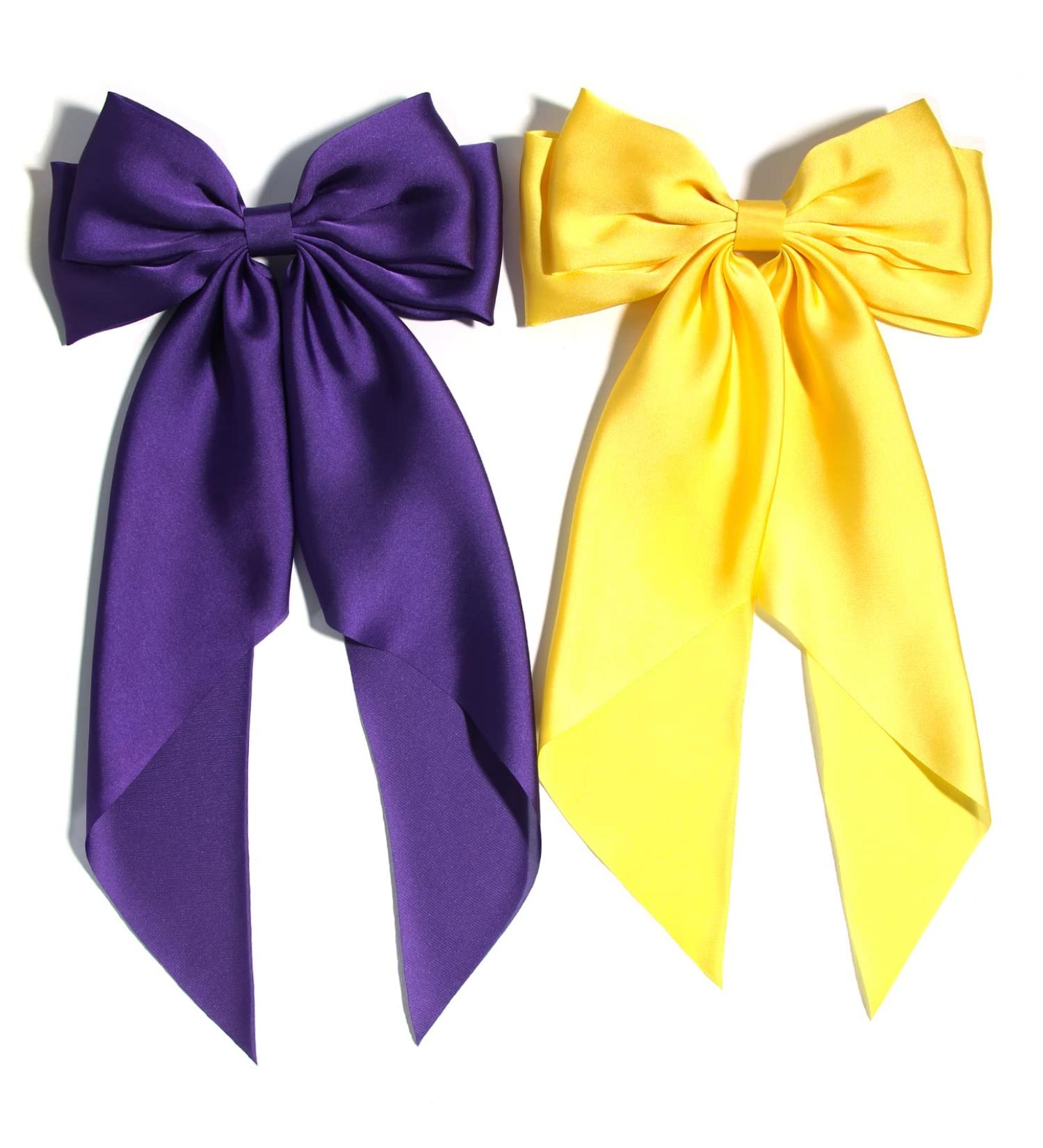 Furling Pompoms Big Bow Hair Barrette Clip - Satin Silky Bow with Long Tail | French Barrette Hair Clip - Cute Gift for Women Girls - Buy Online on GoSupps.com