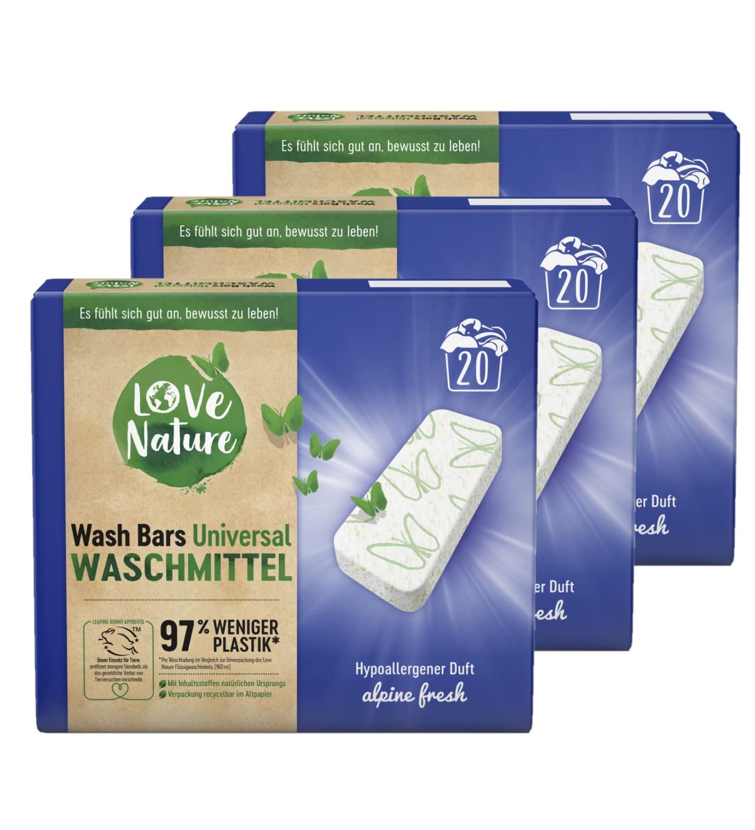 Love Nature Wash Bars - Eco-Friendly Universal Detergent 60 Pre-Dosed Bars (3 x 20) with Sustainable Packaging - Compact Natural Cleaning Power - Buy Online on GoSupps.com