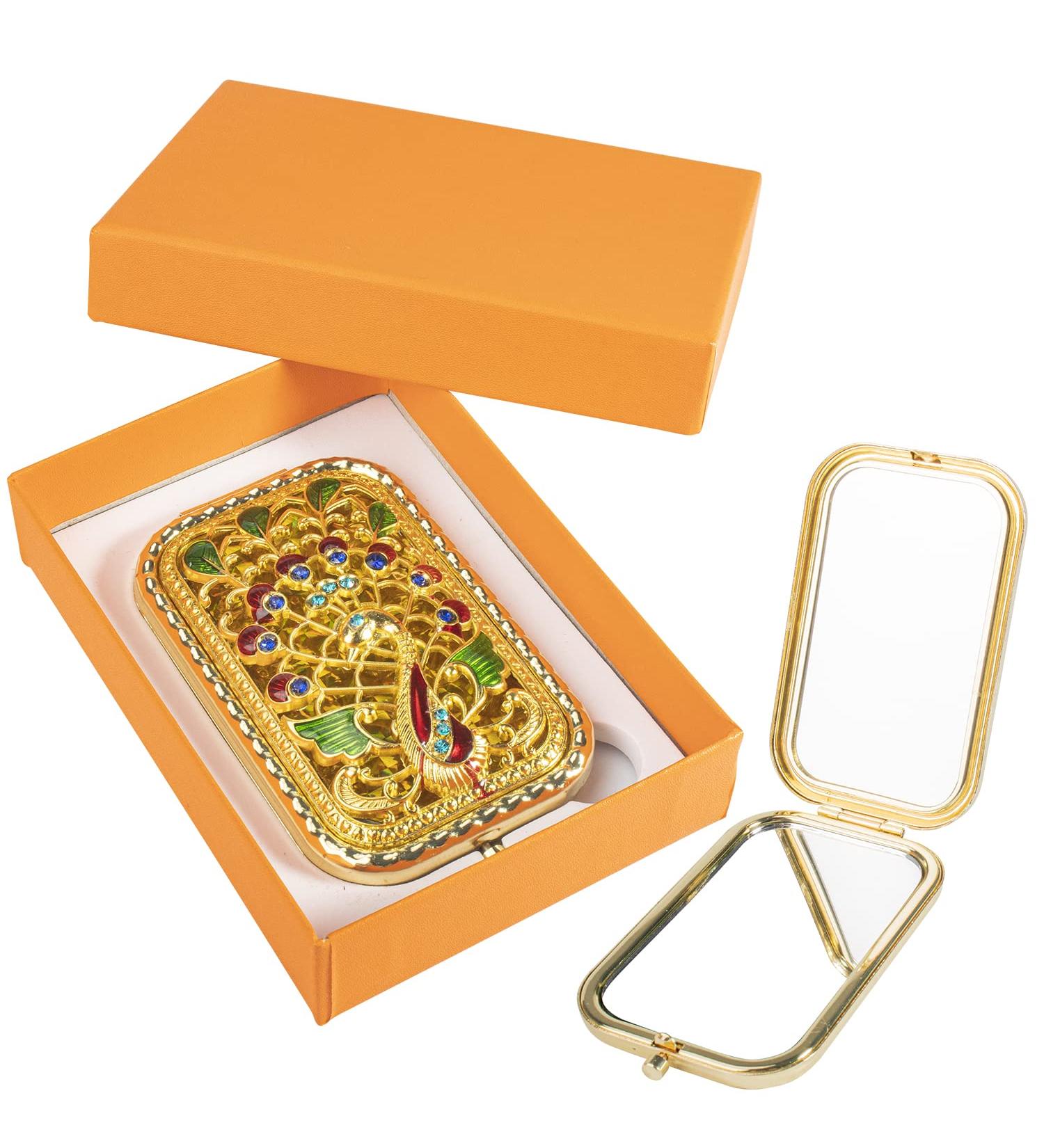 Vintage Gold Peacock Metal Vanity Mirror | Foldable Travel Makeup Pocket Mirror - Buy Online on GoSupps.com
