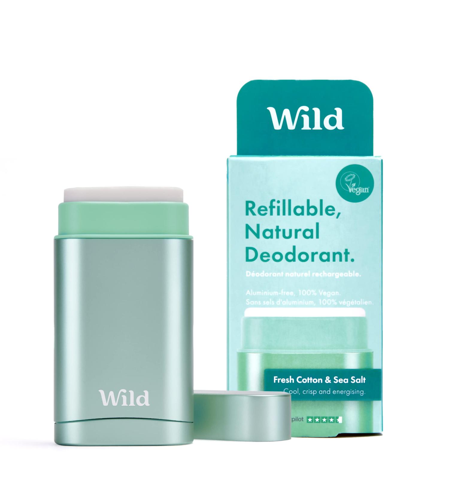 Wild - Natural Refillable Deodorant - Vegan & Eco-Friendly - Aluminum Free - Long Lasting Protection - Natural Ingredients - Starter Kit - Aqua Case Fresh Cotton & Sea Salt Refill - 1.4oz Fresh Cotton & Sea Salt 1.41 Ounce (Pack of 1) - Buy Online on GoSupps.com