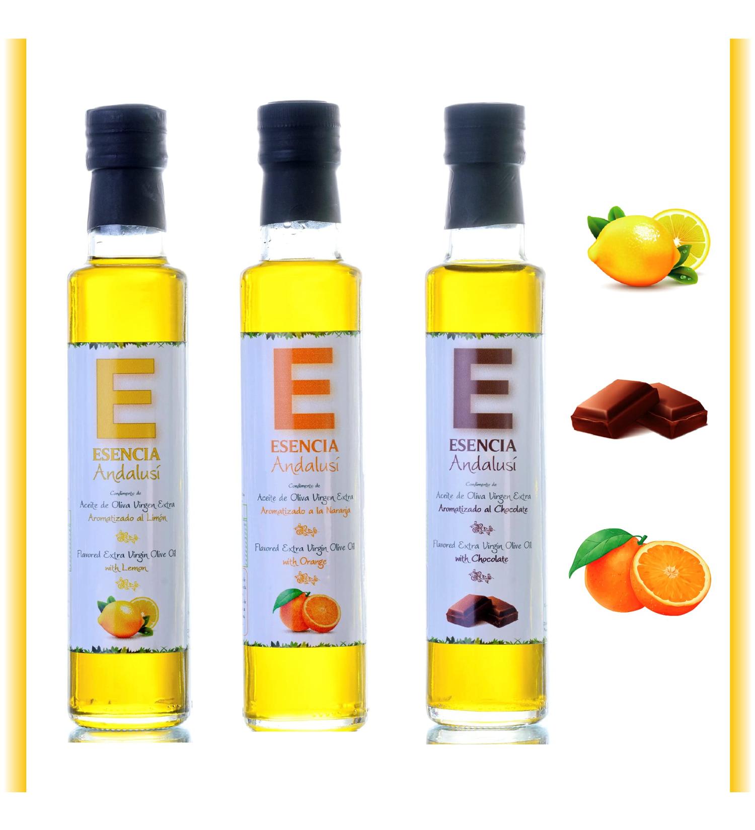 Flavored extra virgin olive oil 3 glass bottles of 250 ml with olive oil flavored with 3 natural essences (chocolate - orange - lemon) - Buy Online on GoSupps.com