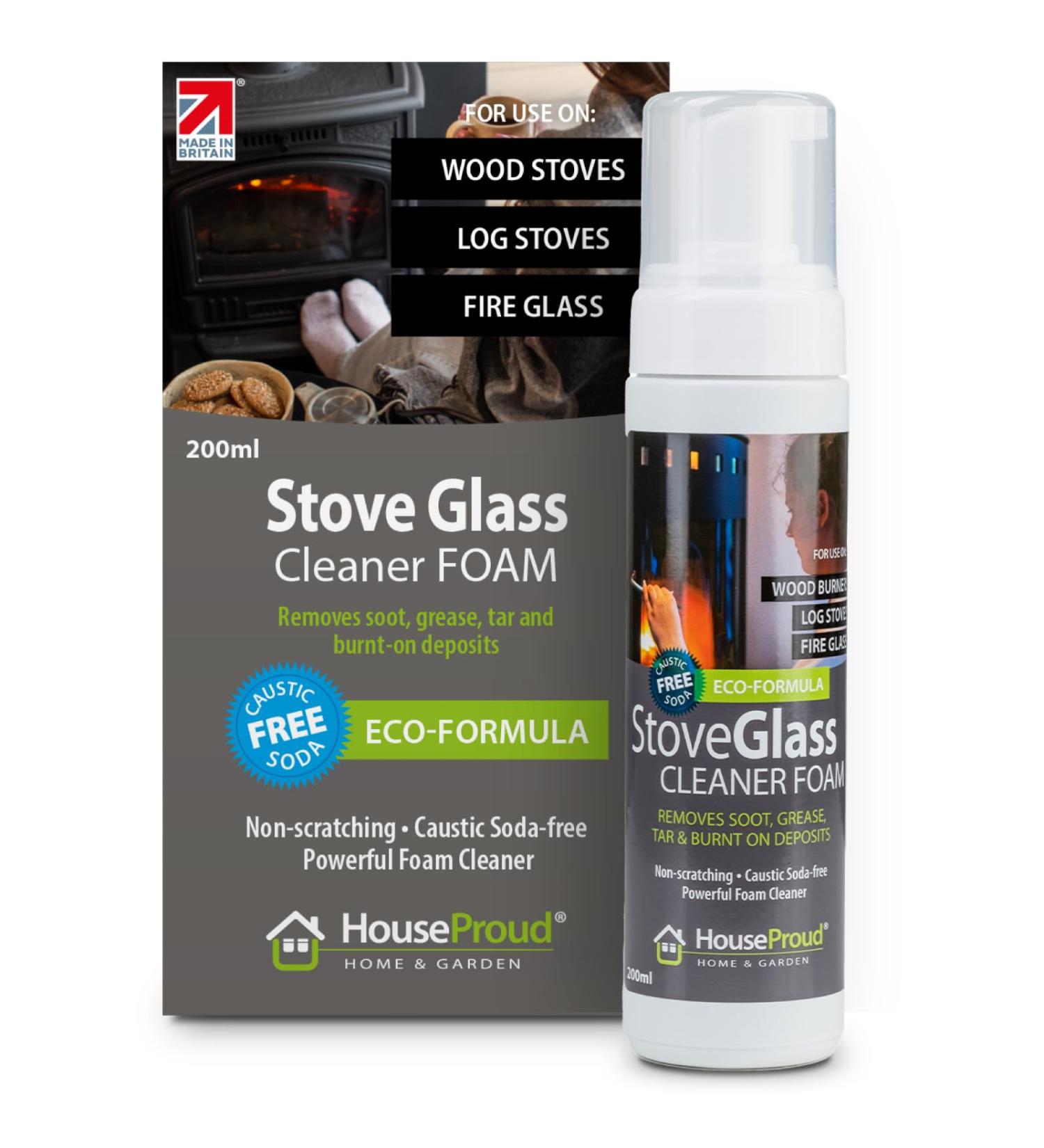 HouseProud Wood Stove Glass Cleaner Foam Spray 200ml - Removes Soot, Grease, and Burnt-on Deposits - Biodegradable Formula - Buy Online on GoSupps.com