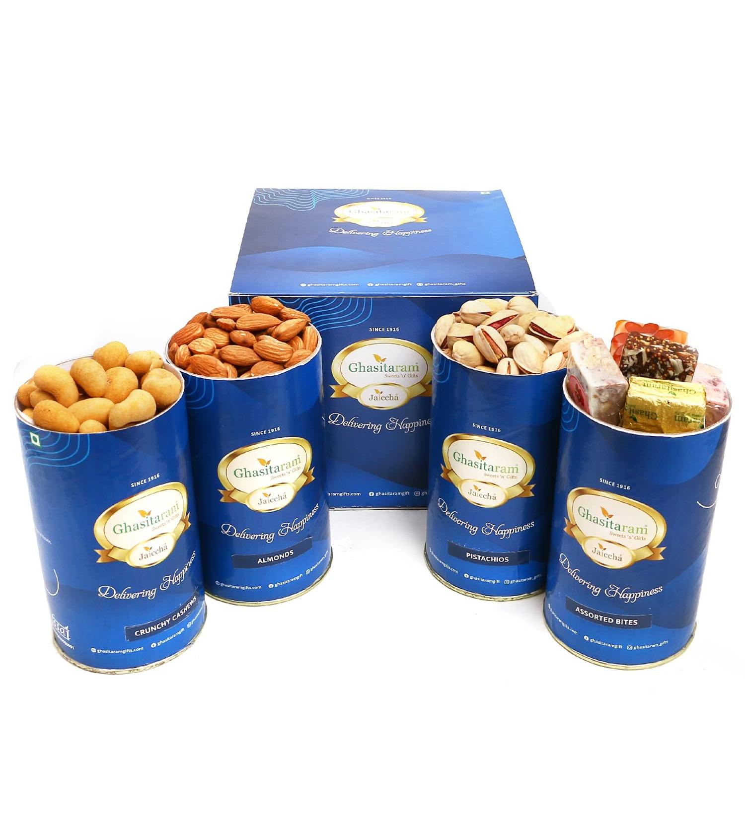 Jaiccha Ghasitaram Crunchy Cashews Almonds Pistachios Assorted Bites Cans|Gift for Diwali Gifts Holi Rakhi Valentine Christmas Birthday Anniversary Her Him| Cashews Almonds Pistachios Assorted Bites Cans - Buy Online on GoSupps.com