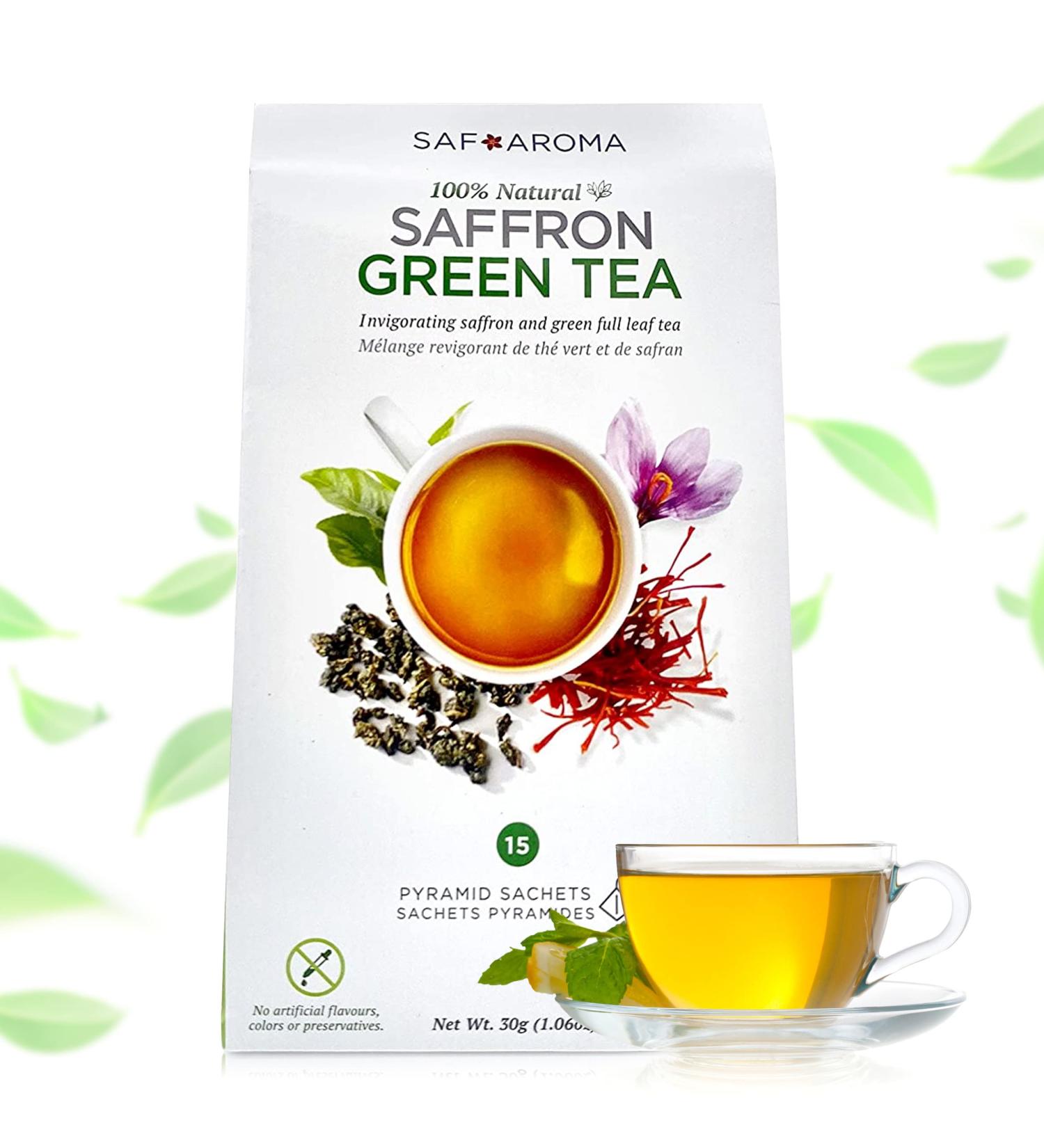 Safaroma Saffron Green Tea - Containing Premium Red Saffron Threads - Certified Organic Full Leafs - Saffron Green Gunpowder Tea -Perfect Detox & Very Tasty Tea |15 Transparent Naturally-Made Sachets - Buy Online on GoSupps.com