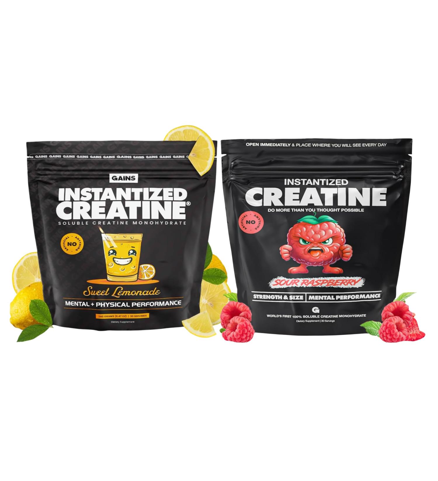 Gains in Bulk Instantized Creatine Monohydrate for Women and Men Soluble Pre Workout Powder Supports Muscle Building Strength and Performance Sweet Lemonade and Sour Raspberry 60 Servings - Buy Online on GoSupps.com