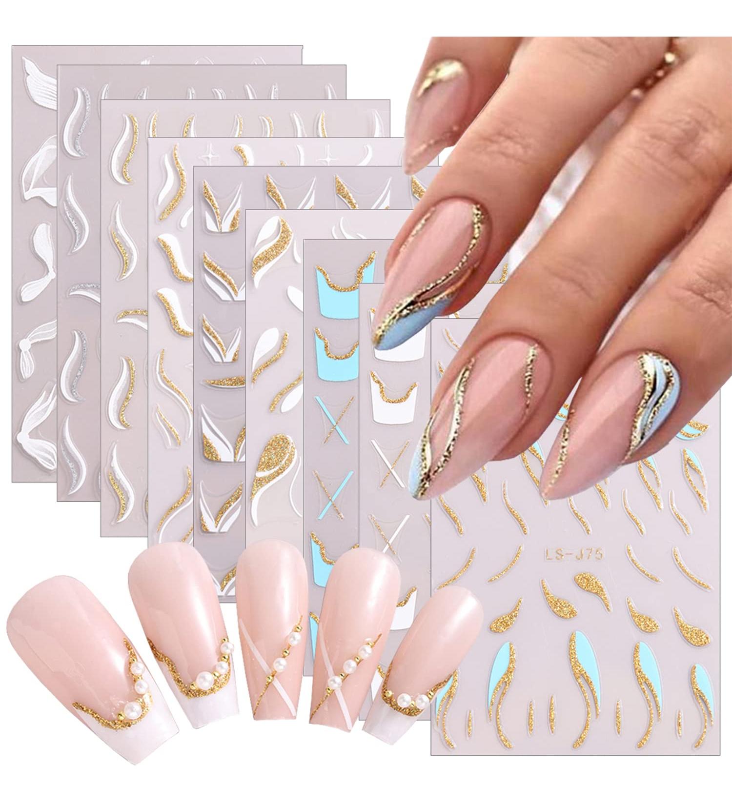 Gold Stripe French Nail Art Stickers - 9 Sheets 3D Self Adhesive Decals for DIY Manicure - Buy Online on GoSupps.com