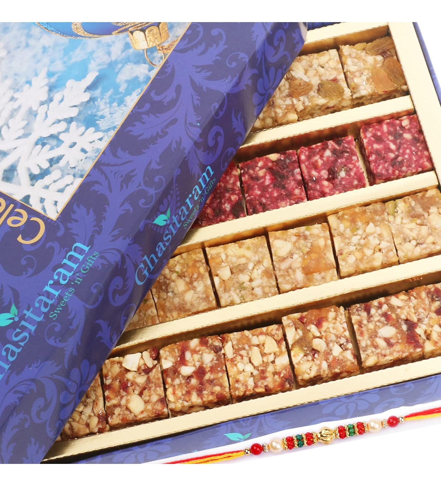 Ghasitaram Gifts Rakhi Gifts for Brothers Rakhi Gifts Natural Fruit Assorted Sugarfree Sweets 400 GMS with Beads Rakhi - Buy Online on GoSupps.com